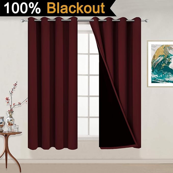 Yakamok Thermal Insulated 100% Blackout Curtains for Bedroom, Heat Blocking Drapes for Living Room(52Wx54L, Burgundy Red, 2 Panels)