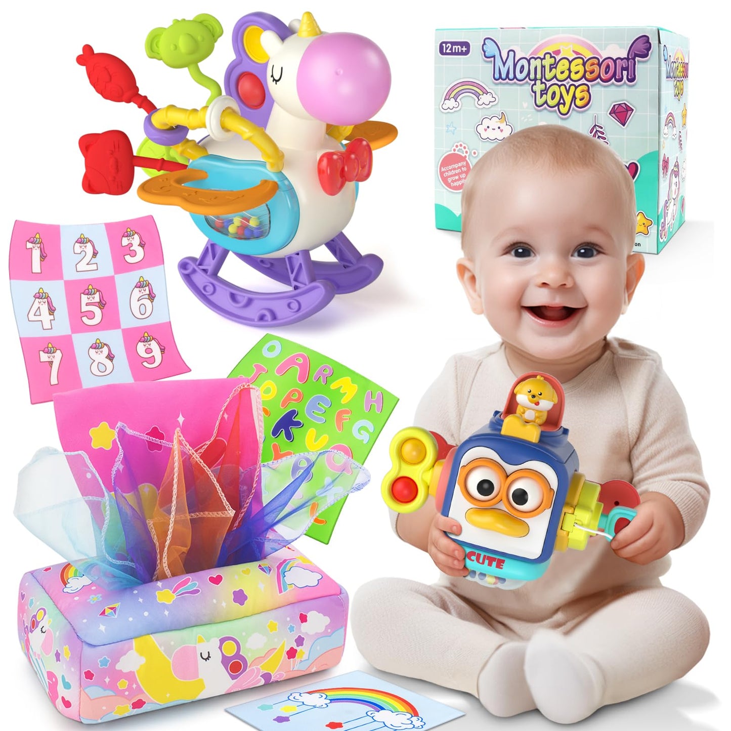 usrela 3 in1 Baby Toys 12 to 18 Months - Busy Board Sensory Toys, Tissue Box Toy, Pull String Teether, Learning Toy for Babies, Infant Gifts for 12 18 Months Old
