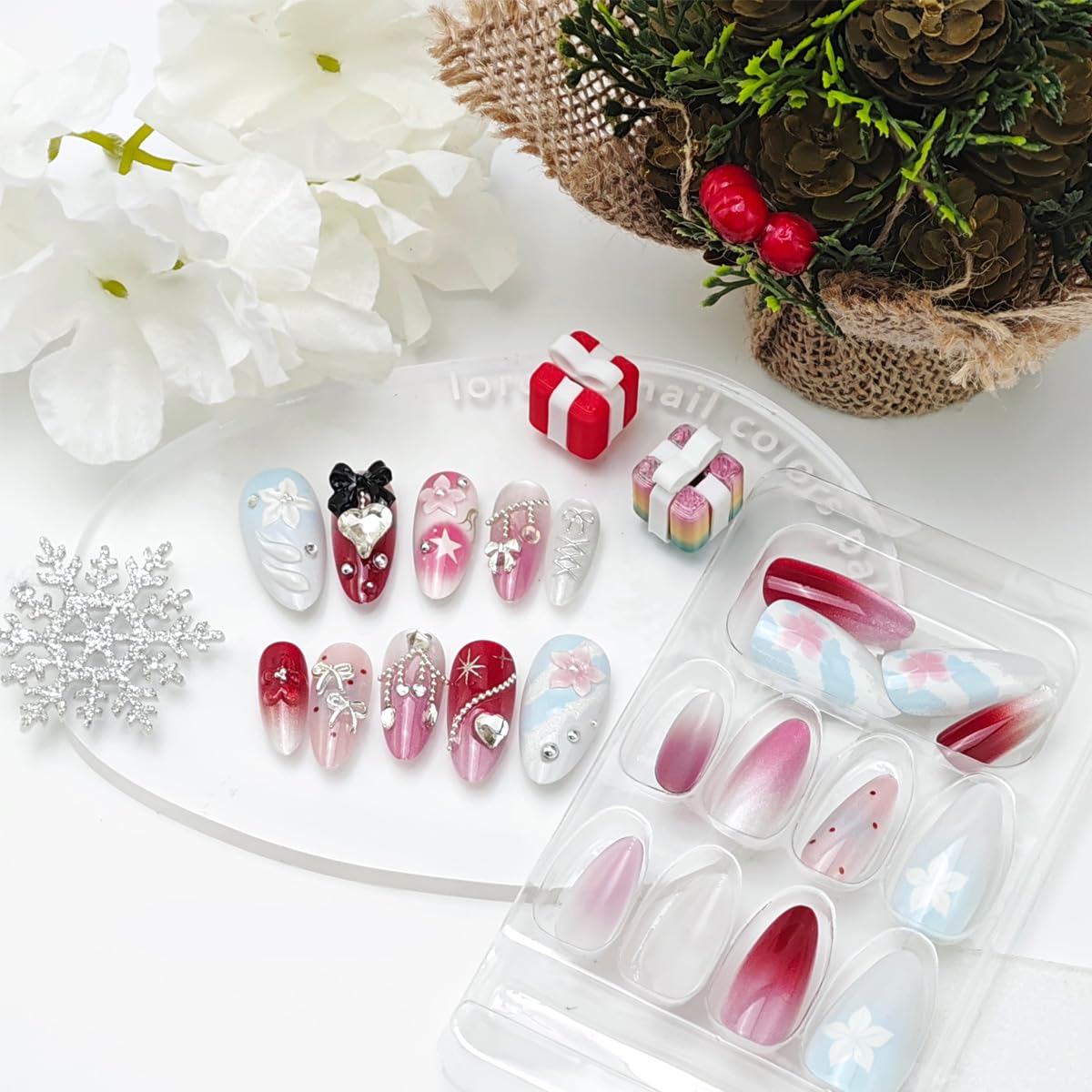 24Pcs Valentines Press on Nails Medium Almond Fake Nails with 3D Black Bow Pearl Rhinestones Designs Cute Heart False Nails Pink Flowers Full Cover Acrylic Stick on Nail for Women DIY Manicure Decor