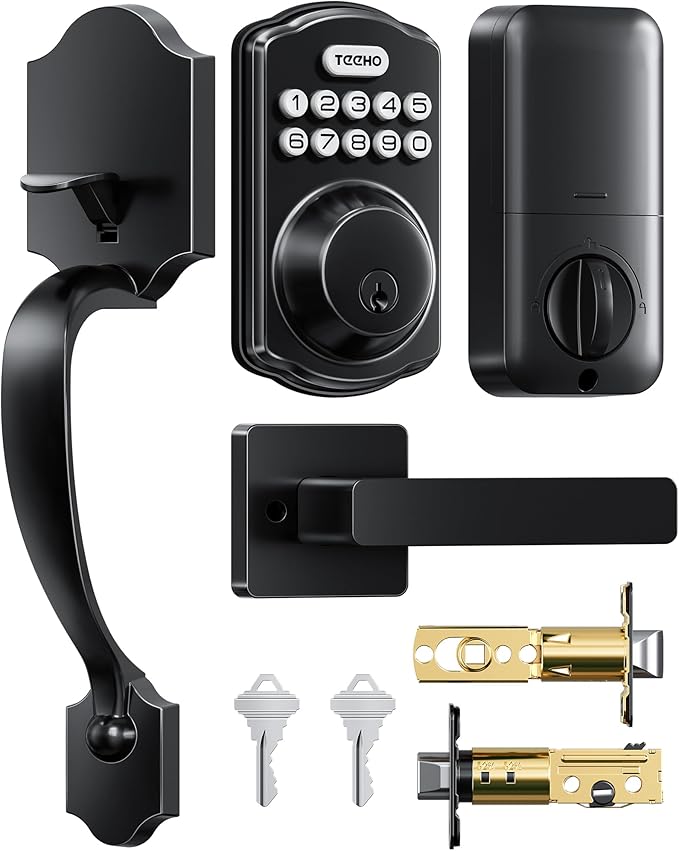 TEEHO TK001H Keyless Entry Door Lock with Handle Set, Electronic Deadbolt Keypad Door Lock with Code, Smart Locks for Front Door, Exterior Door Handle, Auto-Lock, Easy to Install, Matte Black