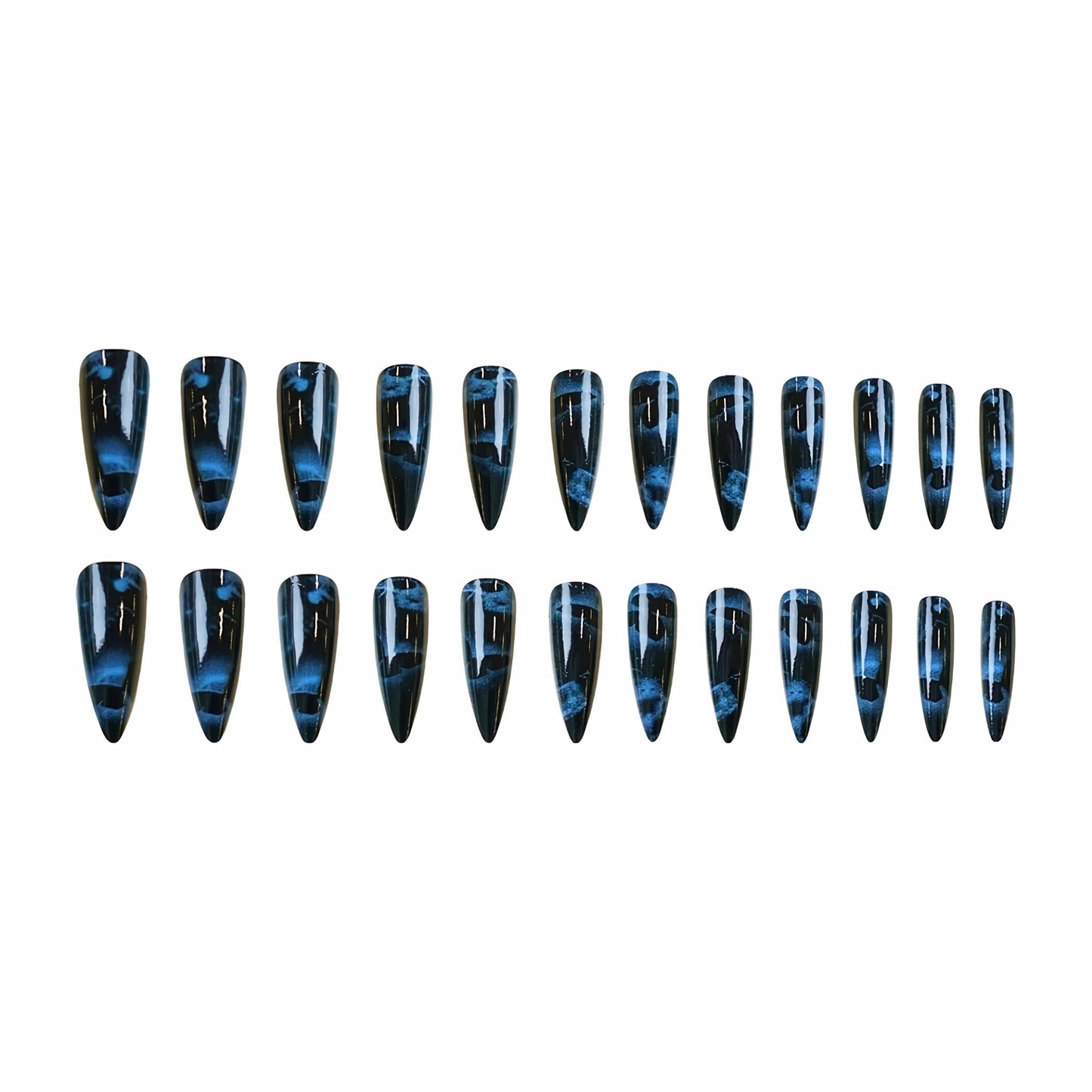 BABALAL Long Stiletto Press on Nails Almond Fake Nails Black Goth Blue Butterfly Y2k Glue on Acrylic False Nails Supplies Art 24Pcs Glossy Manicure Artificial Full Cover