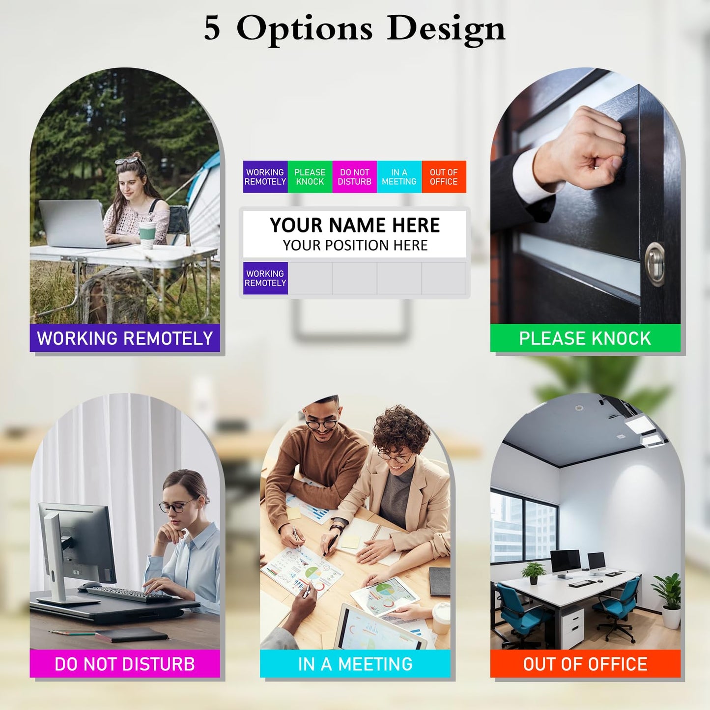 Office Status Sign With 5 Options,Do Not Disturb/Please Knock/In A Meeting/Out of Office/Working Remotely, Magnetic Slider Sign for Any Room,Name Plate For Desk/Doors/Cubicle Wall With Stand-Black