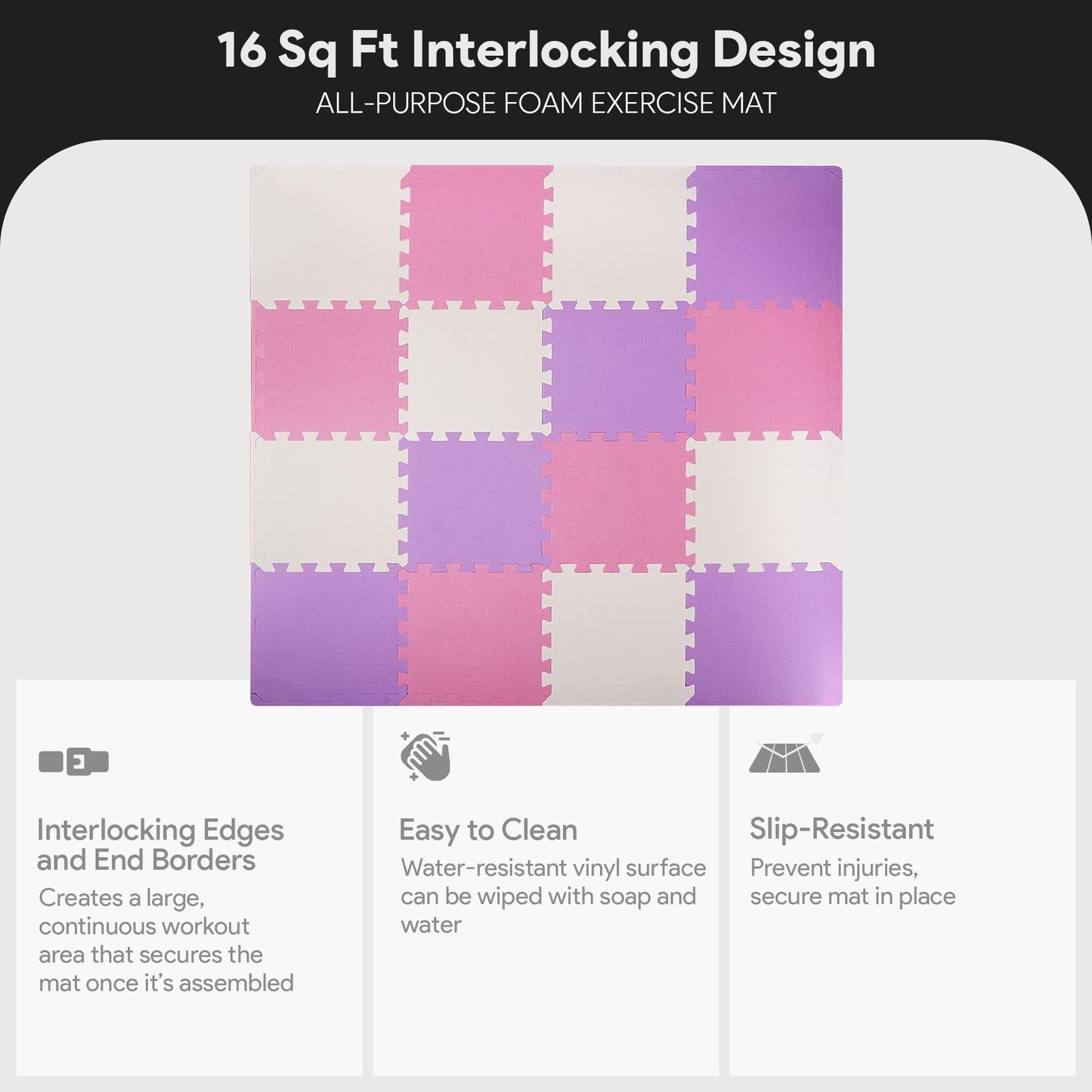 BalanceFrom 16-Pack 12x12 Inches EVA Interlocking Foam Play Tile Mat, Pink/Purple/Beige – 0.4-Inch Thick Non-Slip Puzzle Flooring for 16 Square Feet in Playroom, Nursery, or Playpen at Home