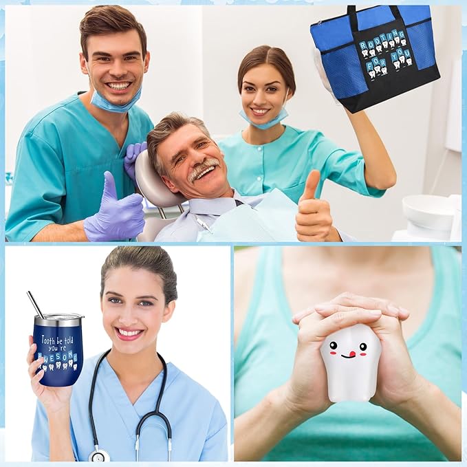 Sliner 3 Pcs Christmas Dental Assistant Gifts Positive Dentist Dental Hygienist Gifts Accessories Inspirational 12oz Tumbler Tote Bag Funny Teeth Stress Toy for Women Students Nurses Doctors(Blue)