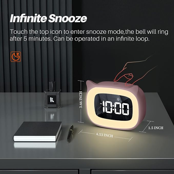 Cute Cat Ear Alarm Clock with Night Light for Bedroom,Pink