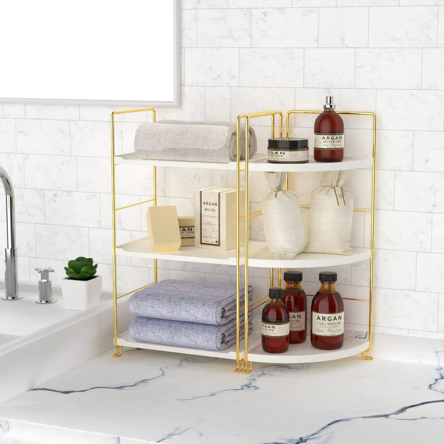 3-Tier Kitchen Spice Rack , Standing Rack,Triangle Bathroom Countertop Storage Shelf ,Cosmetic Organizer Holder , Stackable Cabinet Organizer , Kitchen Counter Shelf , Corner Spice Rack ,Golden