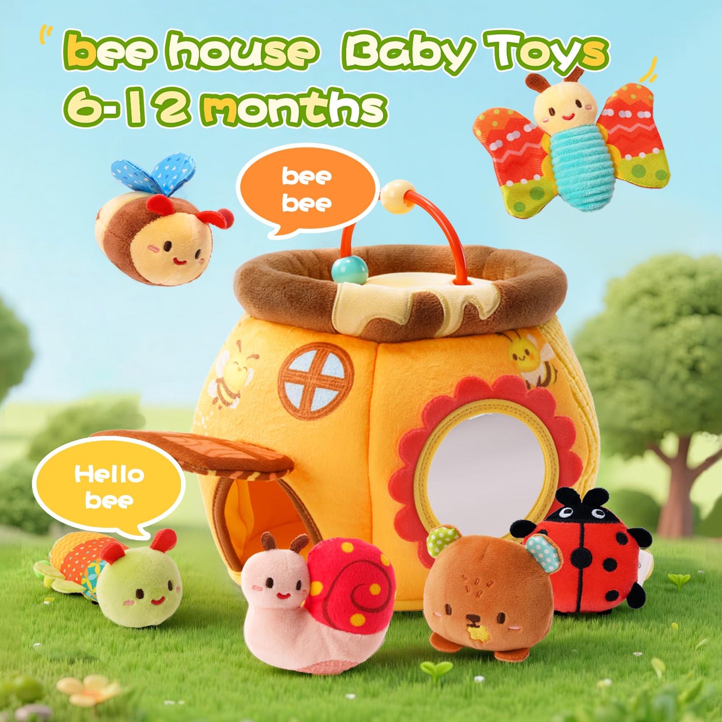 Koty Baby Toys 0-6 Months,Bee House Sensory Toy, Interactive Plush Beehive wtih rattles, queaker, Mirror, Busy Montessori Soft Toys for Toddlers 0-3,Development Toy for Infants 6-12 Months