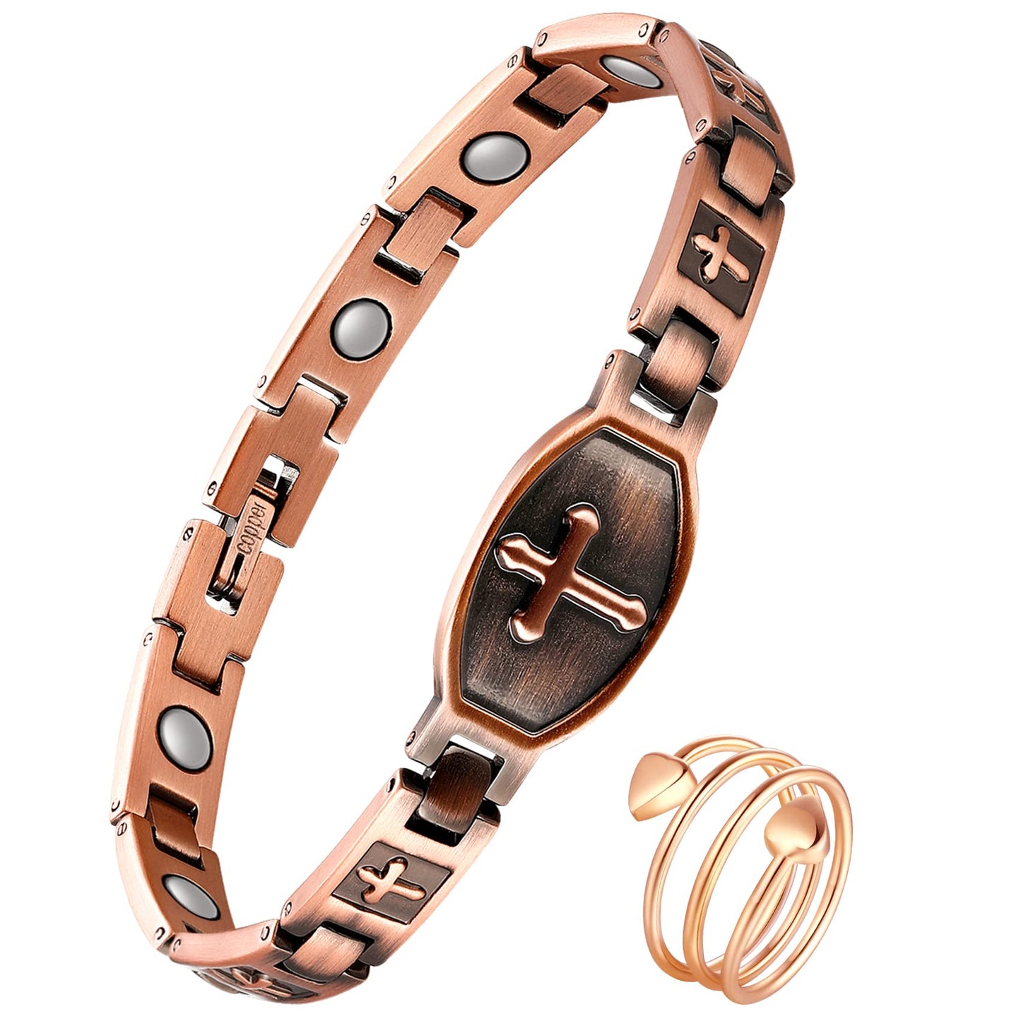 Feraco Copper Bracelet for Women 99.99% Solid Copper Magnetic Bracelets, Unique X Shape Links, Magnetic Field Therapy Jewelry Gifts (Religious Cross with Ring)
