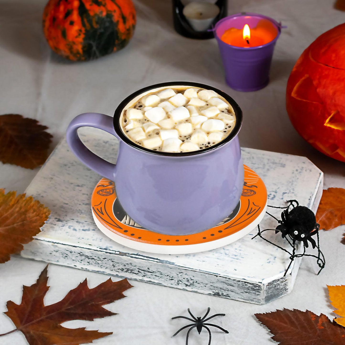 JarThenaAMCS 4Pcs Halloween Coaster with Holder Pumpkin Ghost Black Cat Skeleton Anti Slip Drink Coasters Black Orange Green Absorbent Ceramic Coasters for Home Decor Table Protection