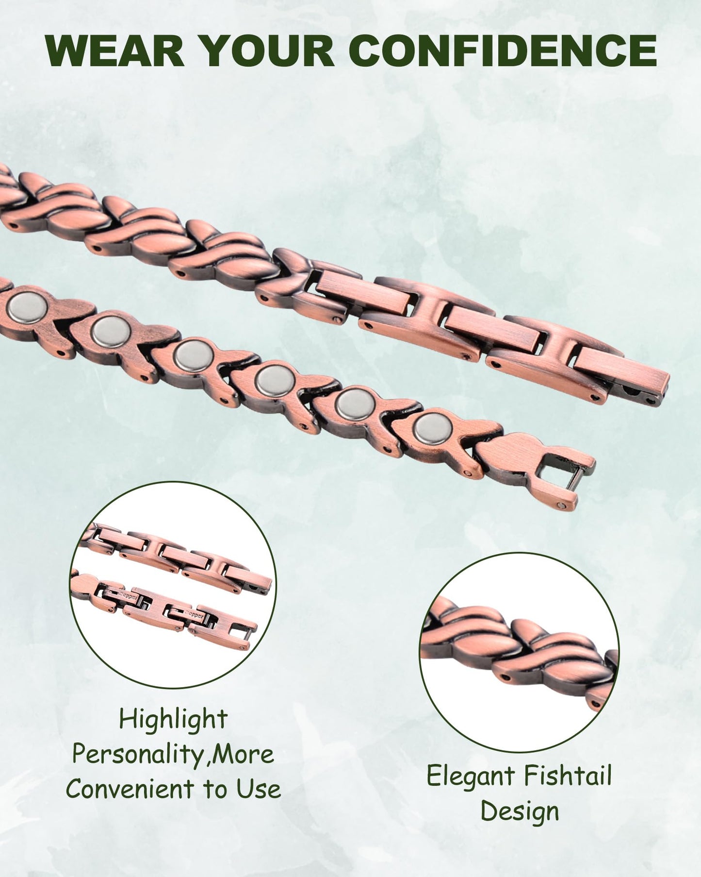 MagEnergy Copper Bracelet for Women, 99.99% Pure Solid Copper Bracelet with 3500 Gauss Magnetic, Adjustable, Jewelry Gift (Copper-Fishtail+Ring)