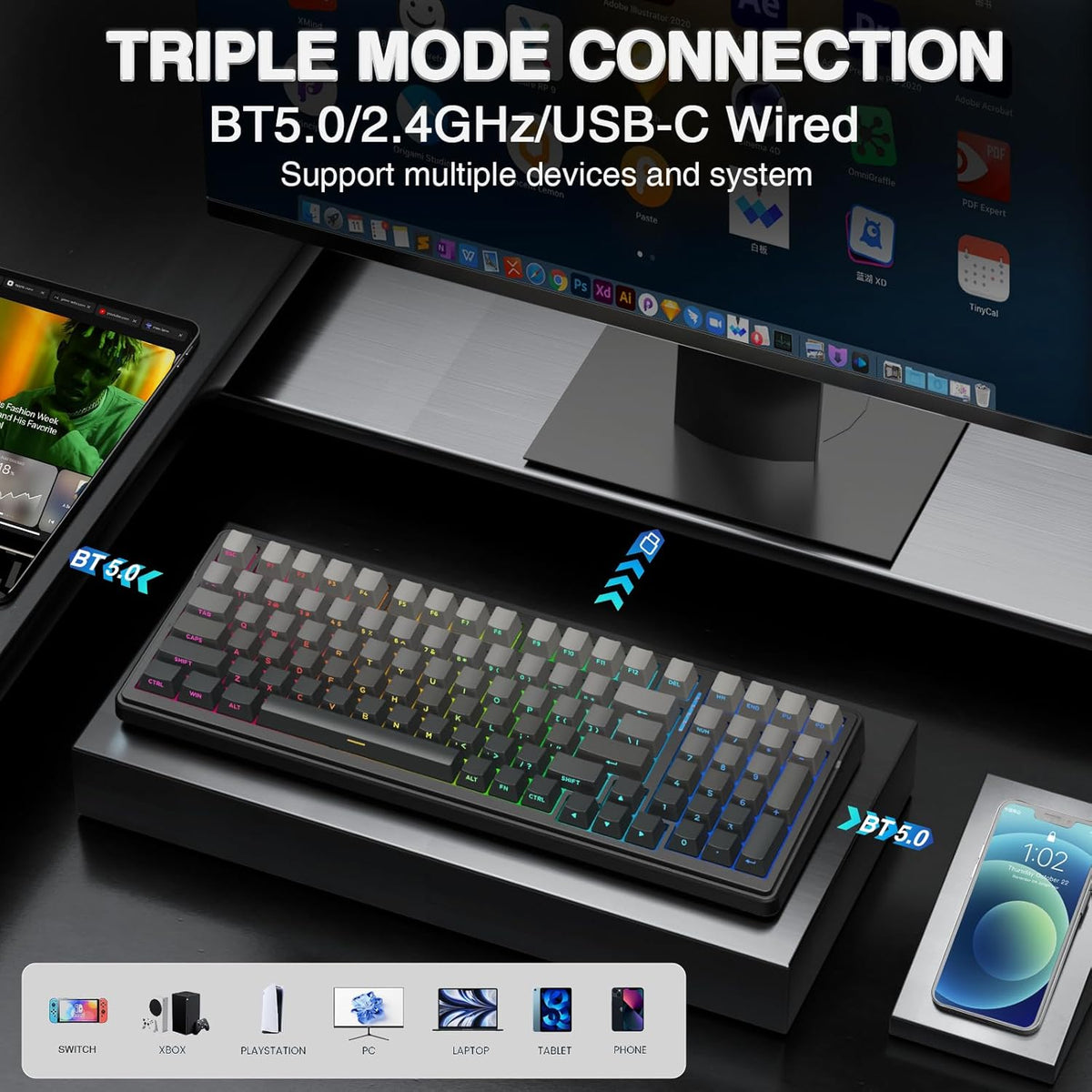 AULA F99 Pro Wireless Mechanical Keyboard,Hot Swappable Custom Keyboard,RGB Backlit,Pre-lubed Linear Switches,Side Printed PBT Keycaps,2.4GHz/USB-C/BT5.0 Mechanical Gaming Keyboards