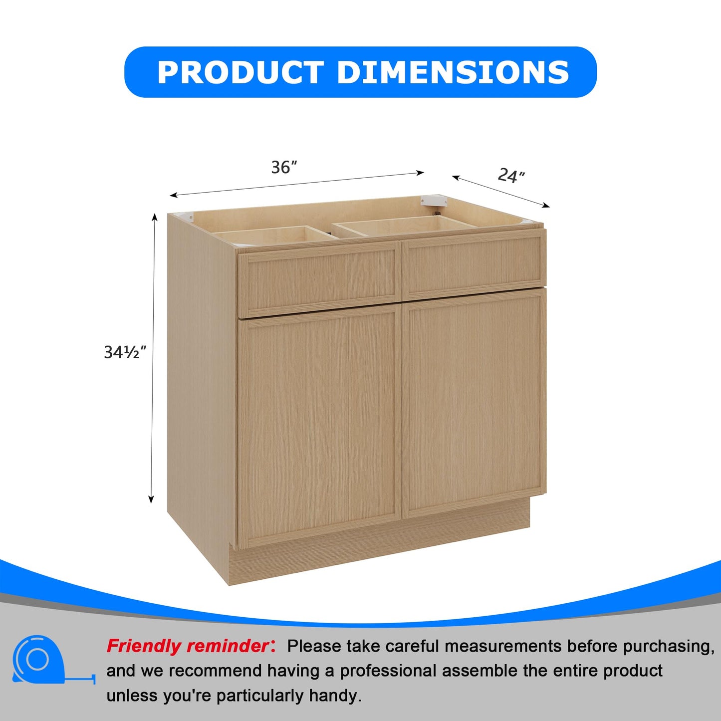 WelFurGeer White Oak Base Cabinets with Soft Close Drawers, Narrow Frame Shaker Style, Solid Wood Face Frame RTA Kitchen Cabinets, Modern Kitchen Cabinets for Kitchen, Laundry, Garage Storage