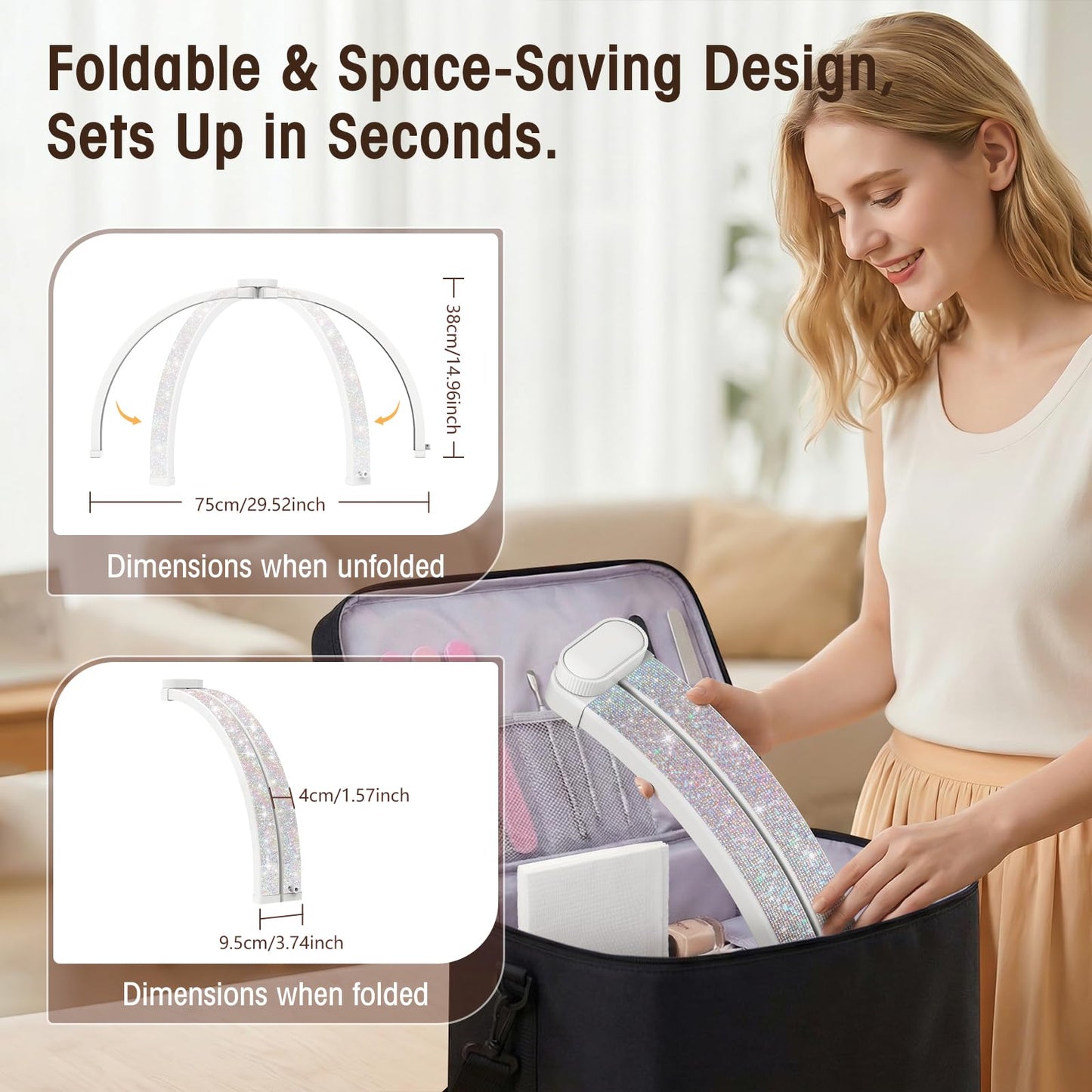 LIONVISON Half Moon Light for Desk: 29" Foldable Nail Light for Desk with Phone Holder - 3000K-6500K 3 Color Modes 10 Brightness for Salon Nail Technicians & Home DIY Manicure Enthusiasts (Diamond)