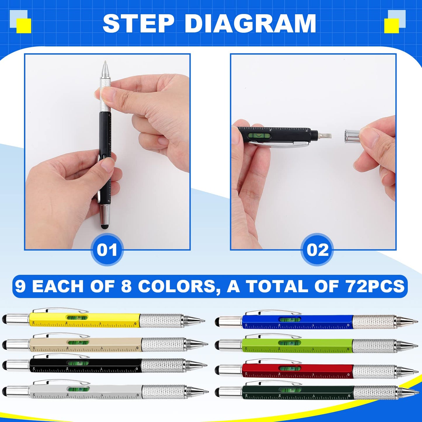 Zhanmai 72 Pcs Christmas Multitool Pen Gifts Bulk 6 in 1 Tool Pen with Level Gauge Ruler, Screwdriver, Stylus & 80 Replacement Refills, Unique Birthday Gifts for Men(Multicolor)