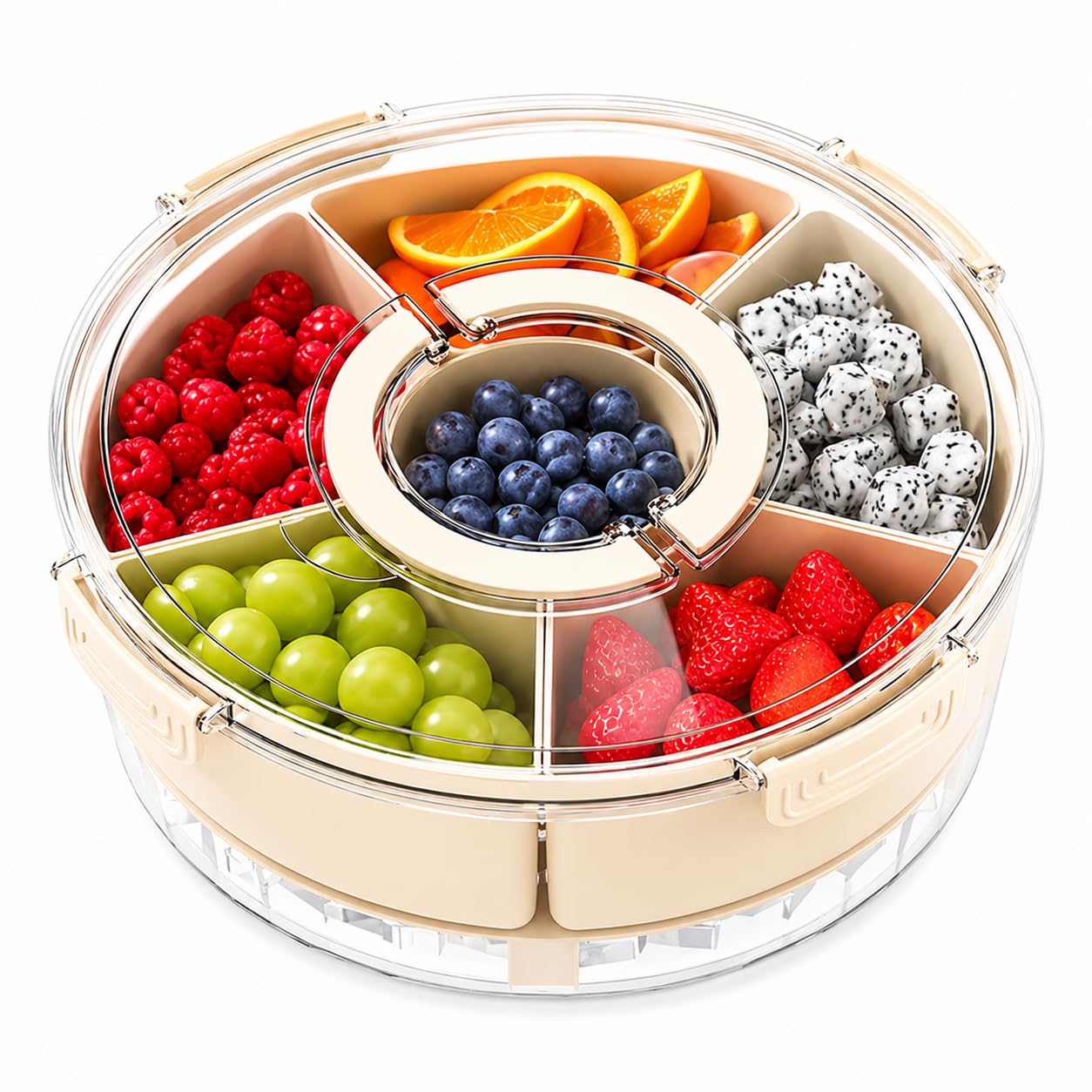 UFORU Divided Serving Tray with Lid, Handle and Chill Base, Portable 6 Compartment Snackle Box Container, Rounded Veggie and Fruit Organizer for Charcuterie, Snacks, Travel, Picnic, Kitchen, Party