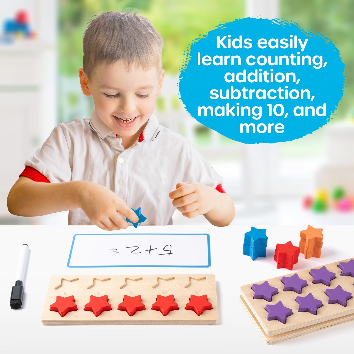 SYNARRY Wooden Ten-Frame Set Math Manipulatives for Kindergarten Classroom Elementary 1st 2nd Grade, Montessori Toys Gifts for 3-8, Addition and Subtraction Counters Math Games for Kids Ages 6-8