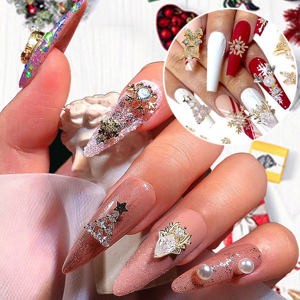 24pcs Luxury Zircon Christmas Nail Charms - 3D Snowflake, Elk, Xmas Tree, Garland Decorations - Gold Art Rhinestones Gems for Nails