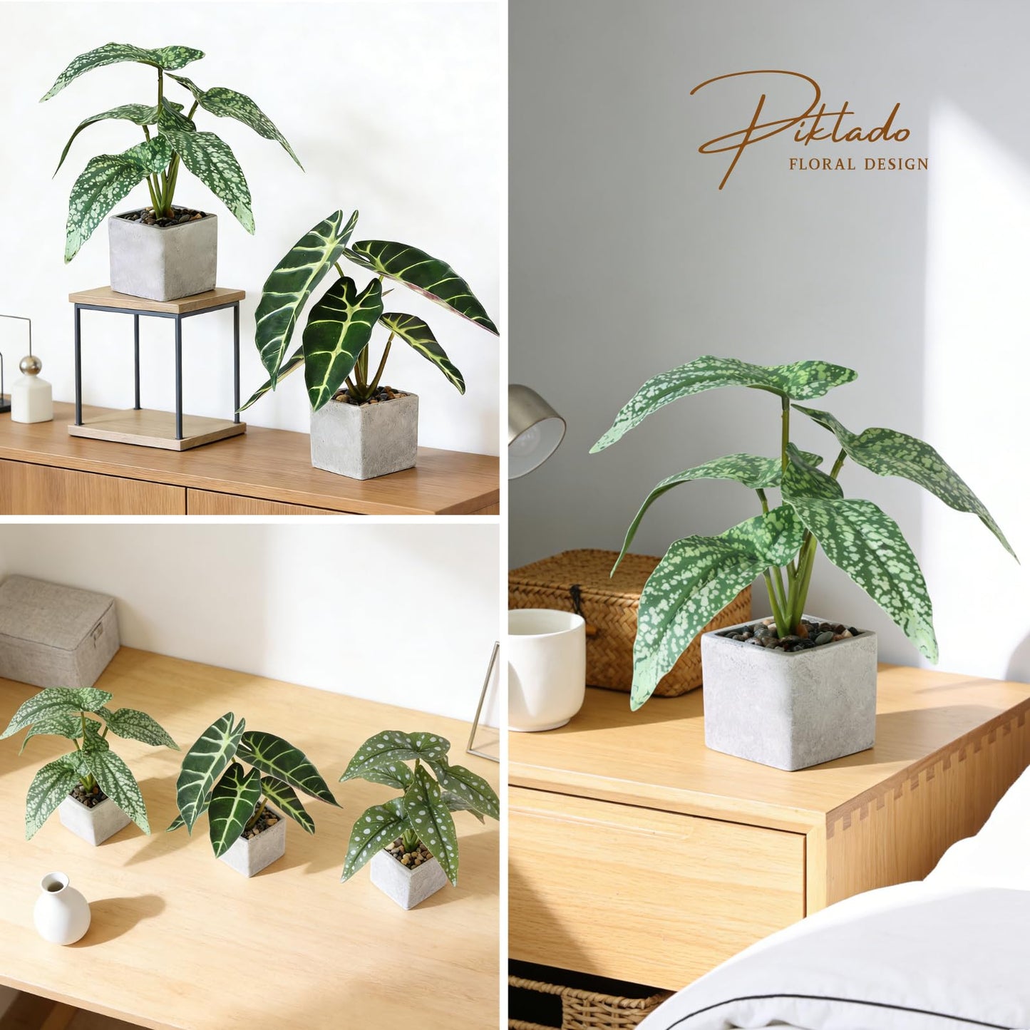 Piklado 3pcs Small Fake Plants Artificial Begonia Leaves Faux Plants Indoor for Office Desk Shelf Bathroom Home Decor