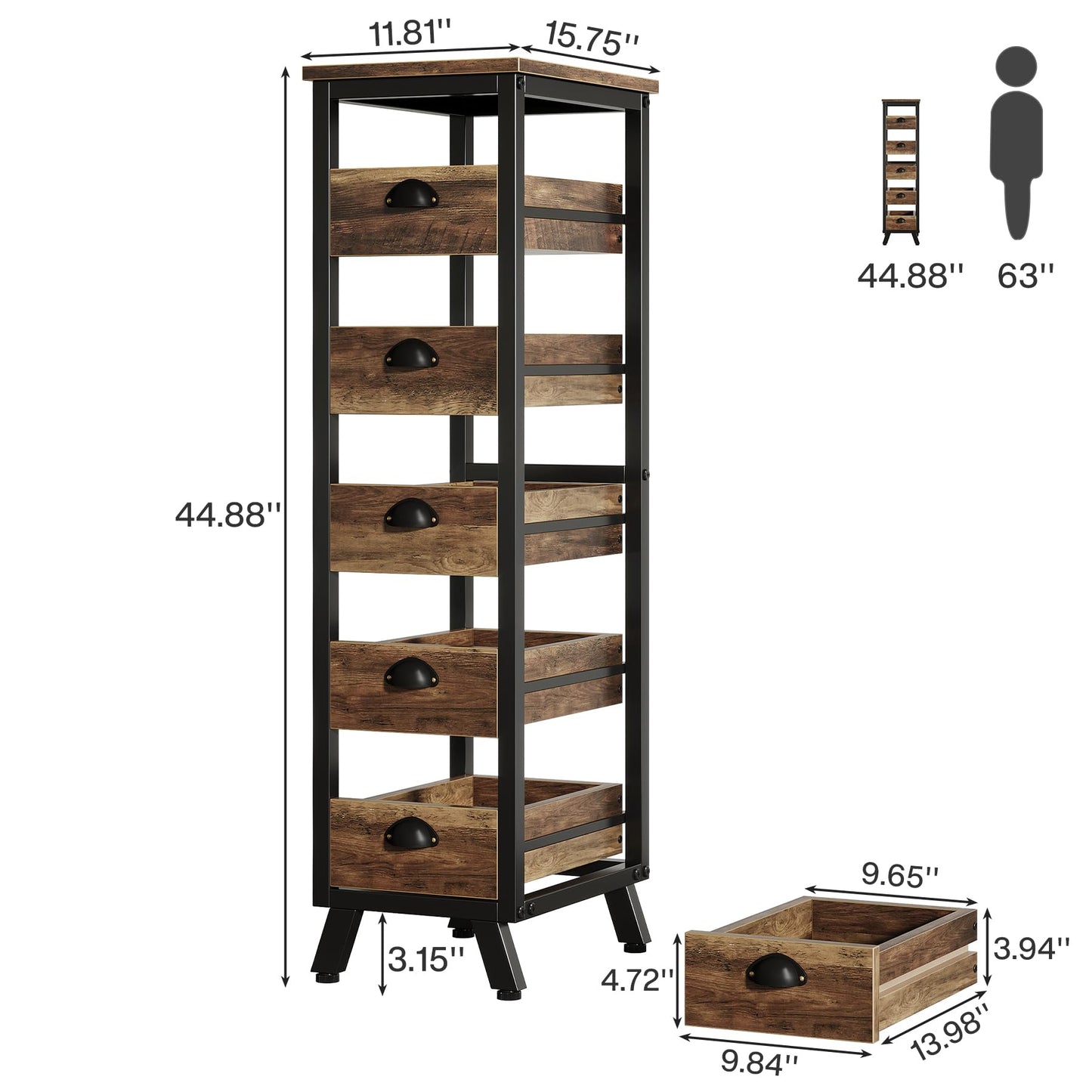 Tribesigns Wood Fruit and Vegetable Storage Rack, 5-Tier Narrow Snack Stand Kitchen Stand Fruit Basket, Pull-Out Utility Organizer for Kitchen, Living Room, Rustic Brown