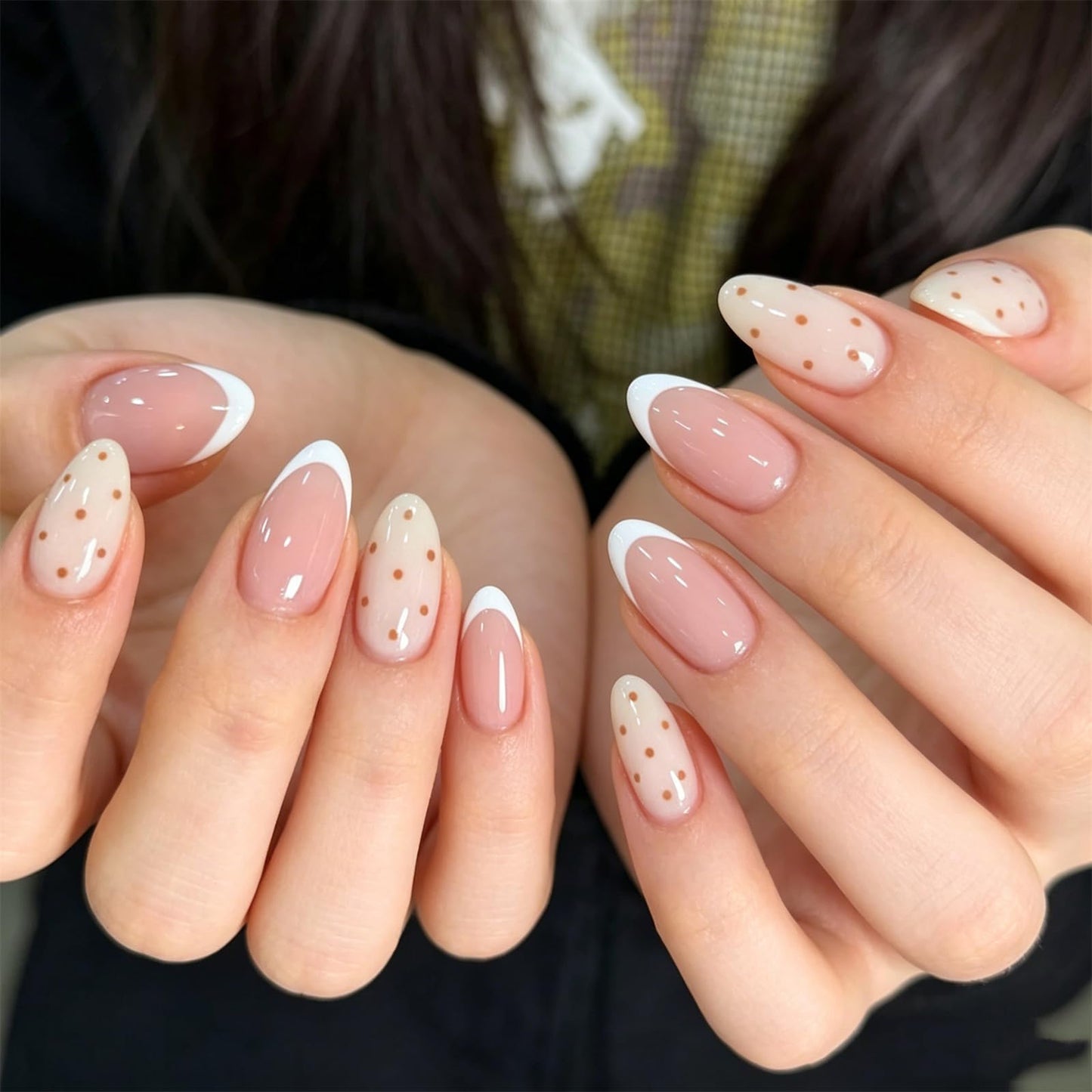 Press On Nails, French Tip Short Pointed Almond Fake Nails with UV Finish, 12 Sizes Quality False Nails, 24Pcs Reusable Press-On Manicure Set with Nail Glue for Women Pattern #05