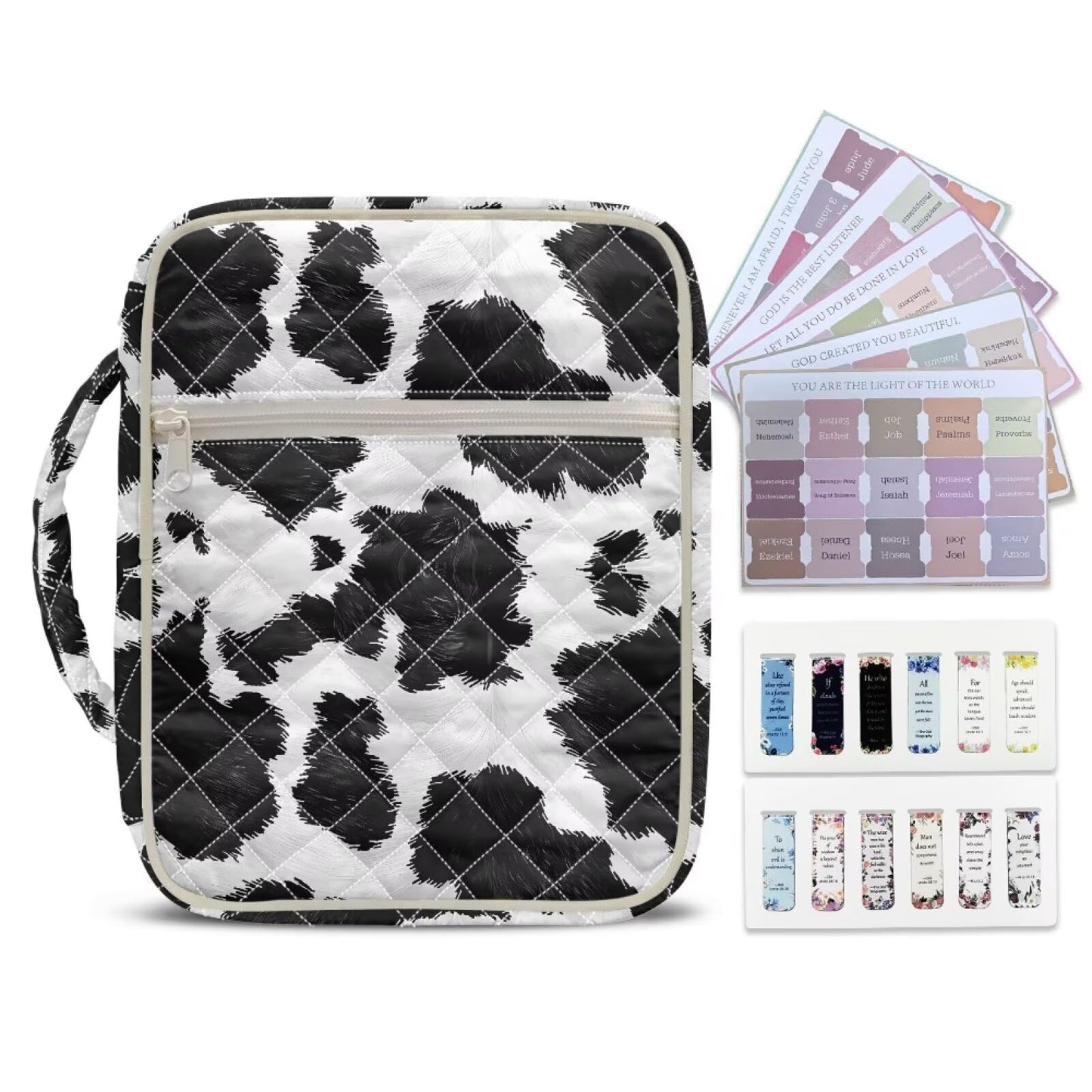 NETILGEN Black and White Cow Print Quilted Bible Carrying Case for Women Bible Cover with Handle Scripture Study Supplies Accessories Christian Gifts