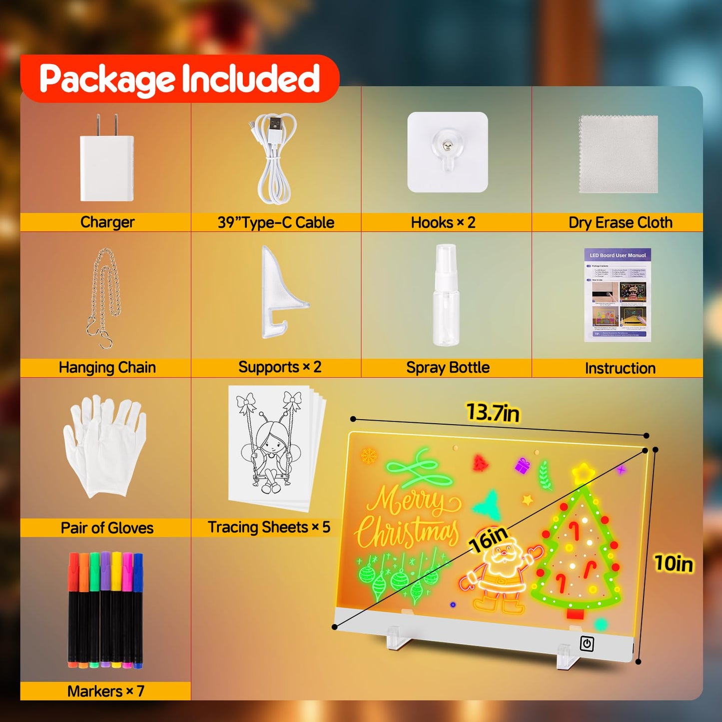 16-Inch Rechargeable LED Drawing Board for Kids with 9 Light Effects & 4 Modes, Includes Adapter, 7 Markers, Tracing Sheets, Gift for Kids/Girls/Teens