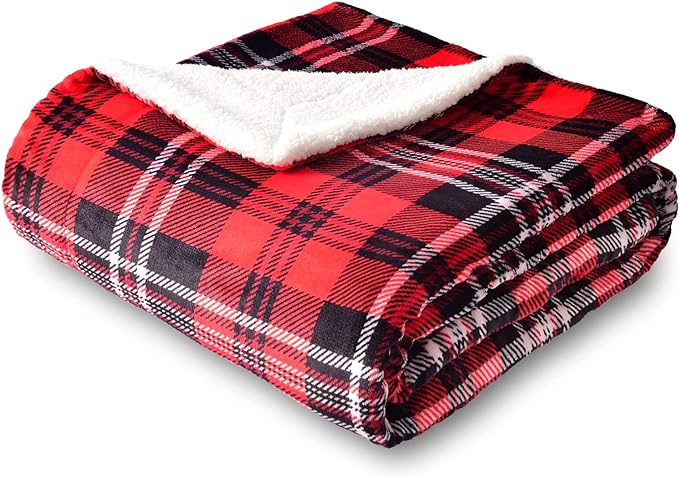 SOCHOW Sherpa Plaid Fleece Throw Blanket, Double-Sided Super Soft Luxurious Bedding Blanket 60 x 80 inches, Red/Grey