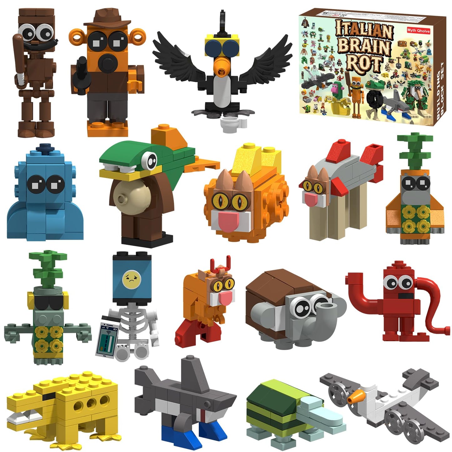 Myth Qholve Italian Brain Rot Unique Cartoon Characters Building Blocks 17 in 1 Educational & Entertaining Gift Idea for Kids Teens & Adults