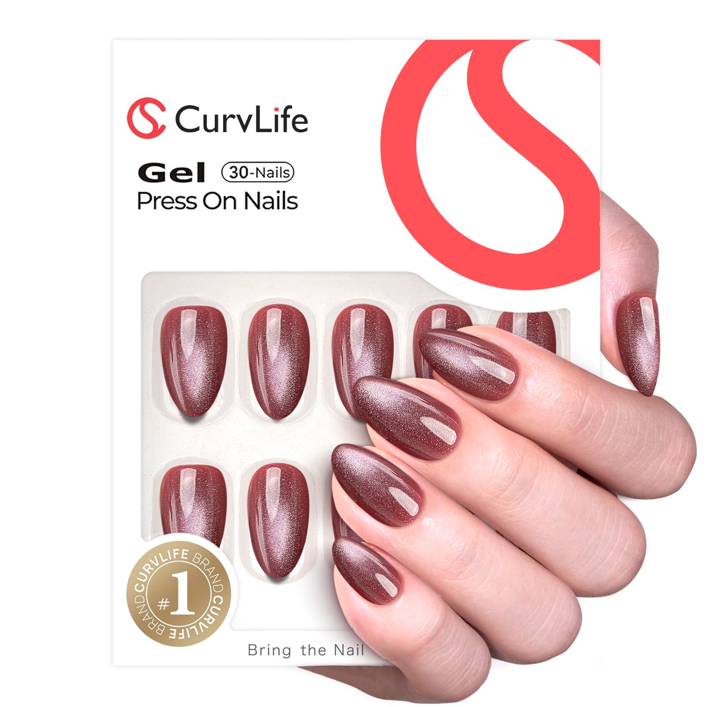 CurvLife Press on Nails Short Almond Cat Eye Pink Fake Acrylic Nails with Apricot Design Full Cover False Nails Glossy Nude Artificial Stick on Nails for Women