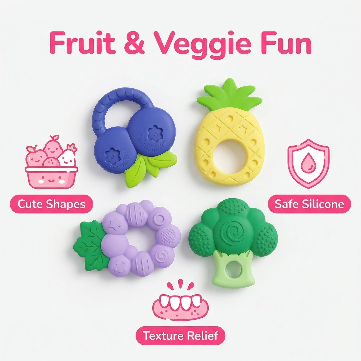 4 Pcs Silicone Baby Teether Set, Fruit Textured Baby Teething Toys, Infant Teething Newborn Teether for Infants, Freezer Safe Frozen Teething Toys, Essential Baby Gear