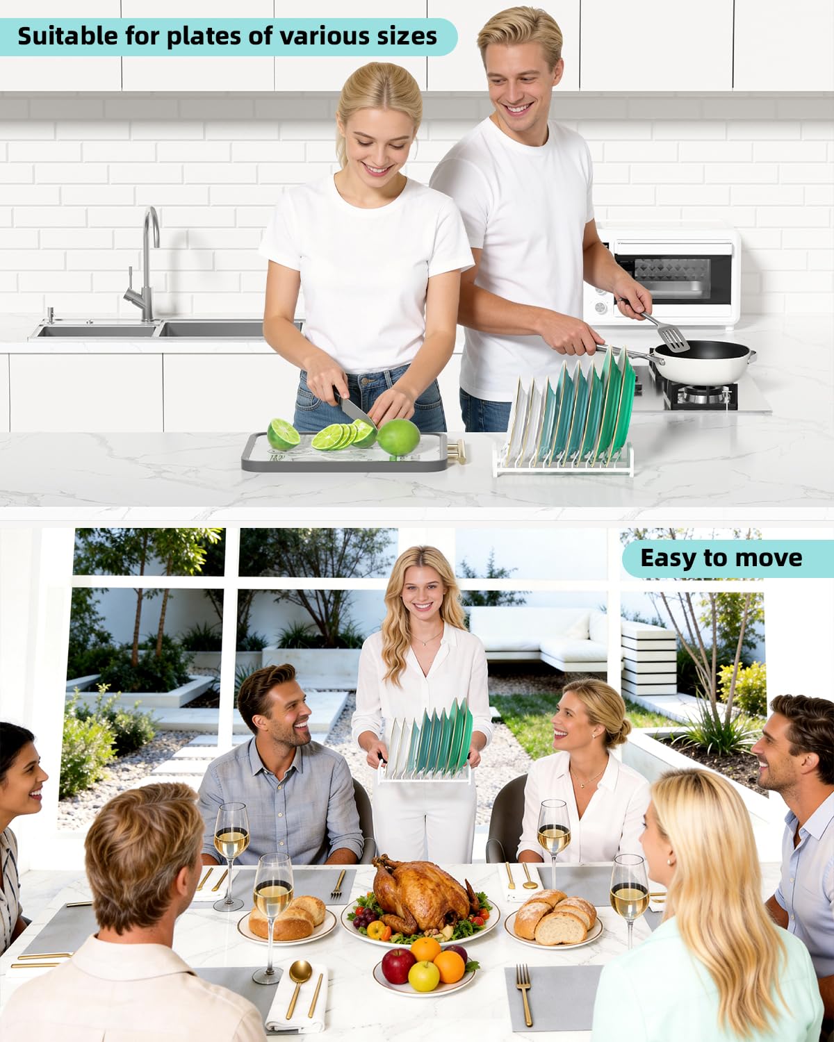 Plate Organizer for Cabinet (2-Pack),Kitchen Dish Rack Organizer for Cabinet Countertop Drawer Space Saver，8 Slots Vertical Plate Holder Storage Rack, Housewarming Kitchen Gifts for Women (White)