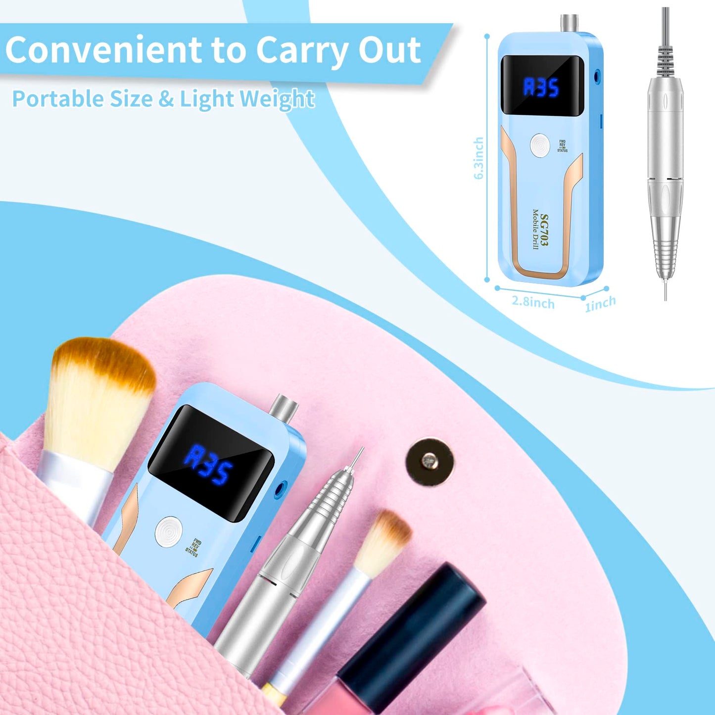 Portable Nail Drill Professional 35000 RPM, MOCOWIND Rechargeable Electric Nail File Machine E File for Acrylic Gel Polishing Removing, Cordless E-File with Bits Kit for Manicure Salon Home, Blue