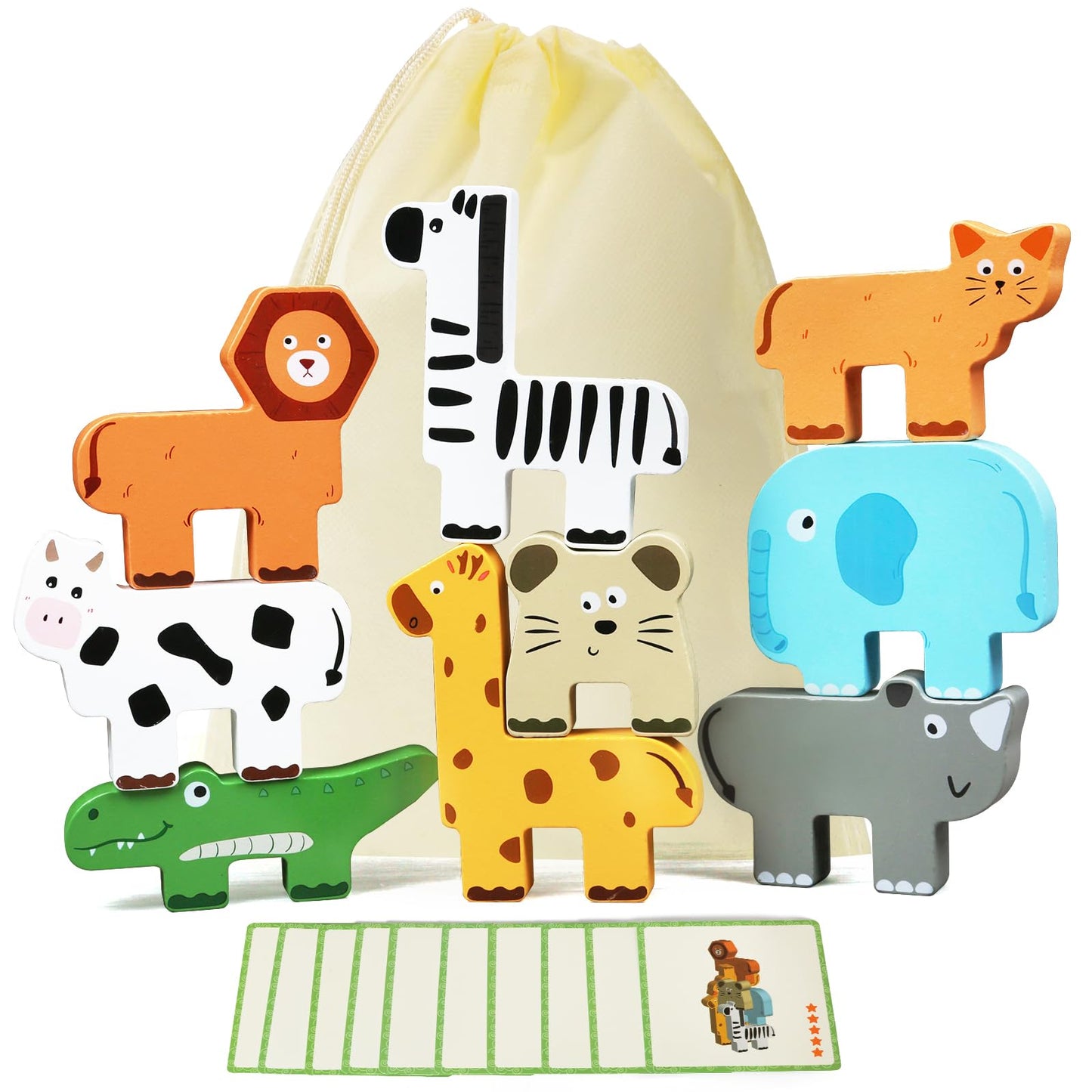 JugueteLand Wooden Animal Stacking Puzzle Toy, Educational Balancing Activity Toy for Kids, Wooden Zoo Animal Building Blocks Stacker & Bag, Stacking and Balance Toys for Toddlers 2-4 Years