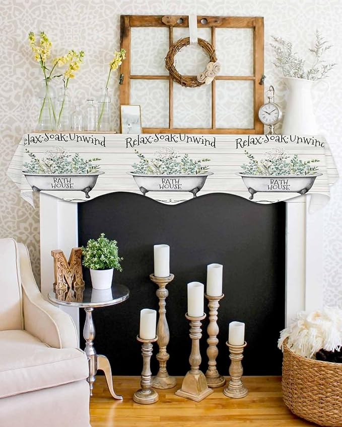 Bathtub Eucalyptus Leaves Fireplace Mantel Scarf Table Runner, Farmhouse Botanical Wooden Winter Garland Mantel Top Tablerunners Dresser Scarves Decorations for Windows Party Living Room 60''x17''