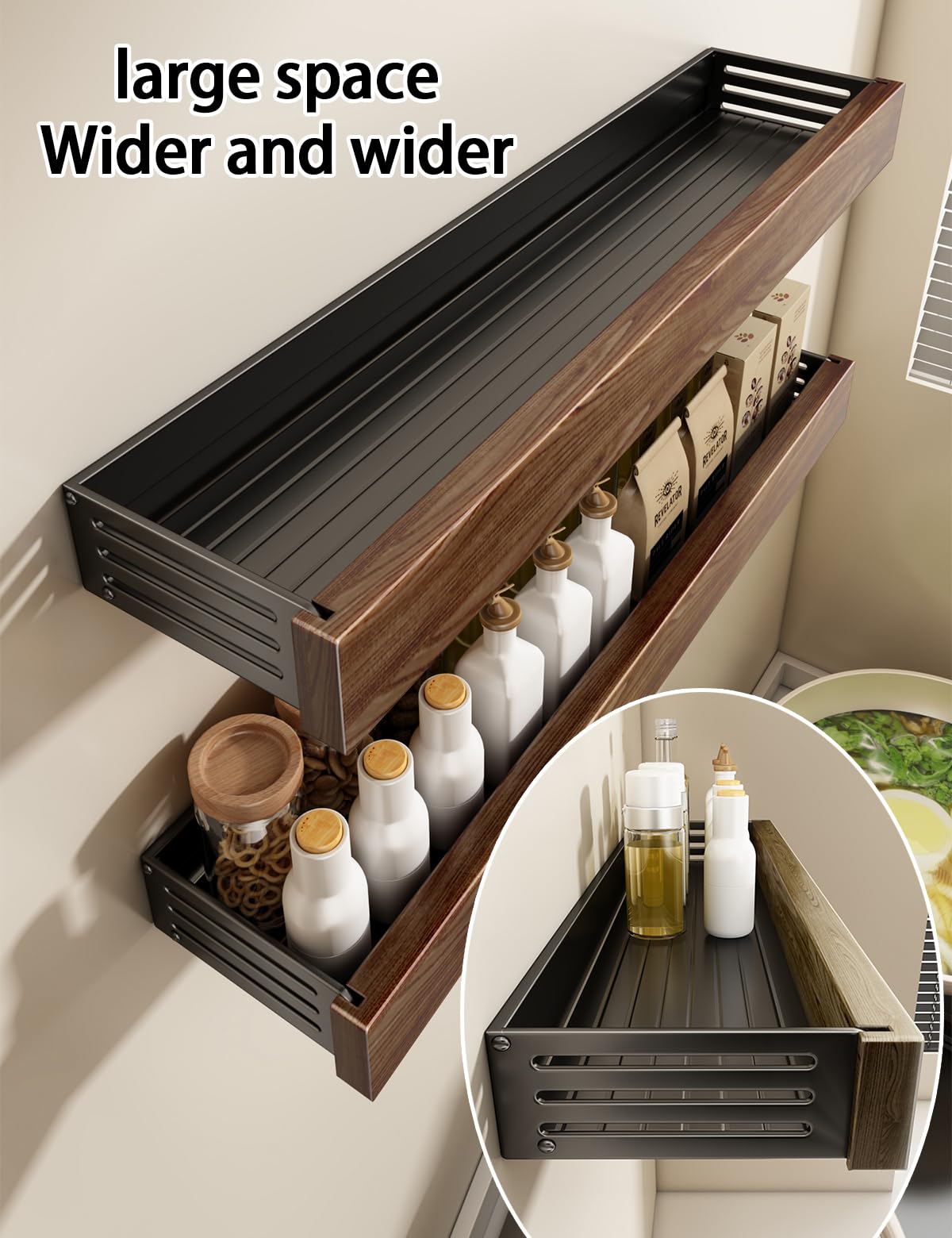 Oerlisoo spice rack wood kitchen spice rack wall mounted adjustable adhesive or screw, hung on the door and wall, black large rack for storing items in refrigerators and ovens