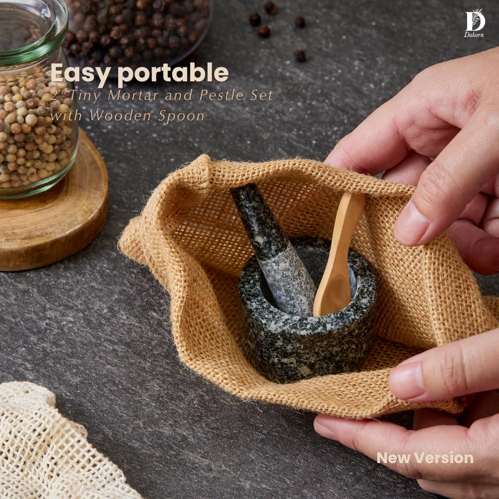 Dakorn 2" Tiny Mortar and Pestle Set with Wooden Spoon, 2 Inch, Small, Compact, Mini, Grinding and Crushing Tiny Amounts of Herbs, Spices, 100% Granite with Unpolished Inside, Creative Gift, Giftable