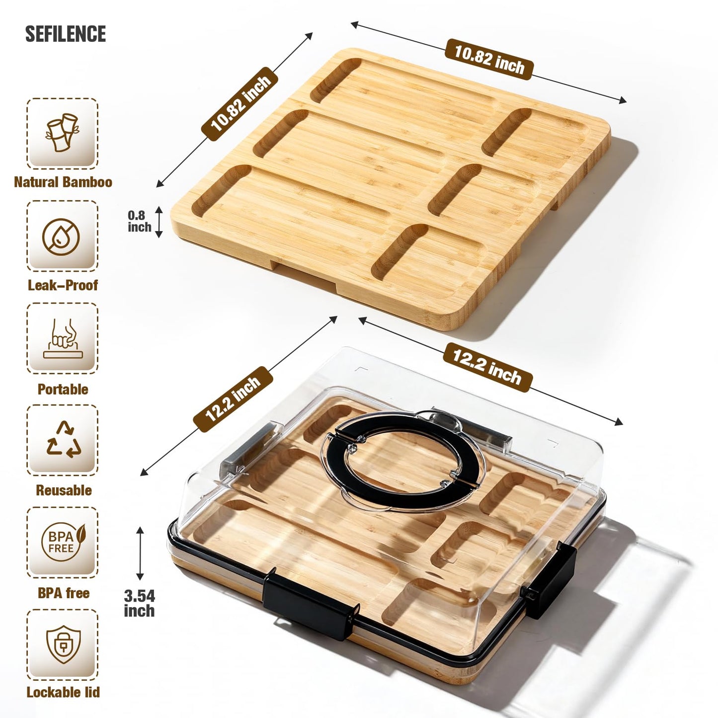 Charcuterie Board with Clear Locking Lid and Handle, 6 Compartment Bamboo Cheese Board Snackle Box, Portable Cutting Board for Snacks, Fruits&Meats, Ideal Gift for Parties, Birthday& House Warming