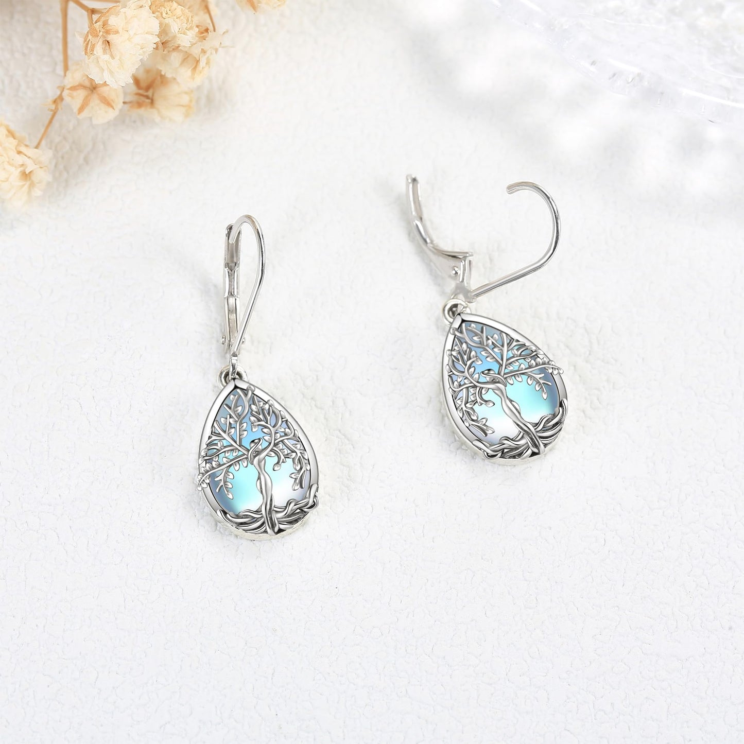 ONEFINITY Tree of Life Earrings Sterling Silver Moonstone Tree of Life Dangle Drop Earrings Teardrop Moonstone Jewelry for Women