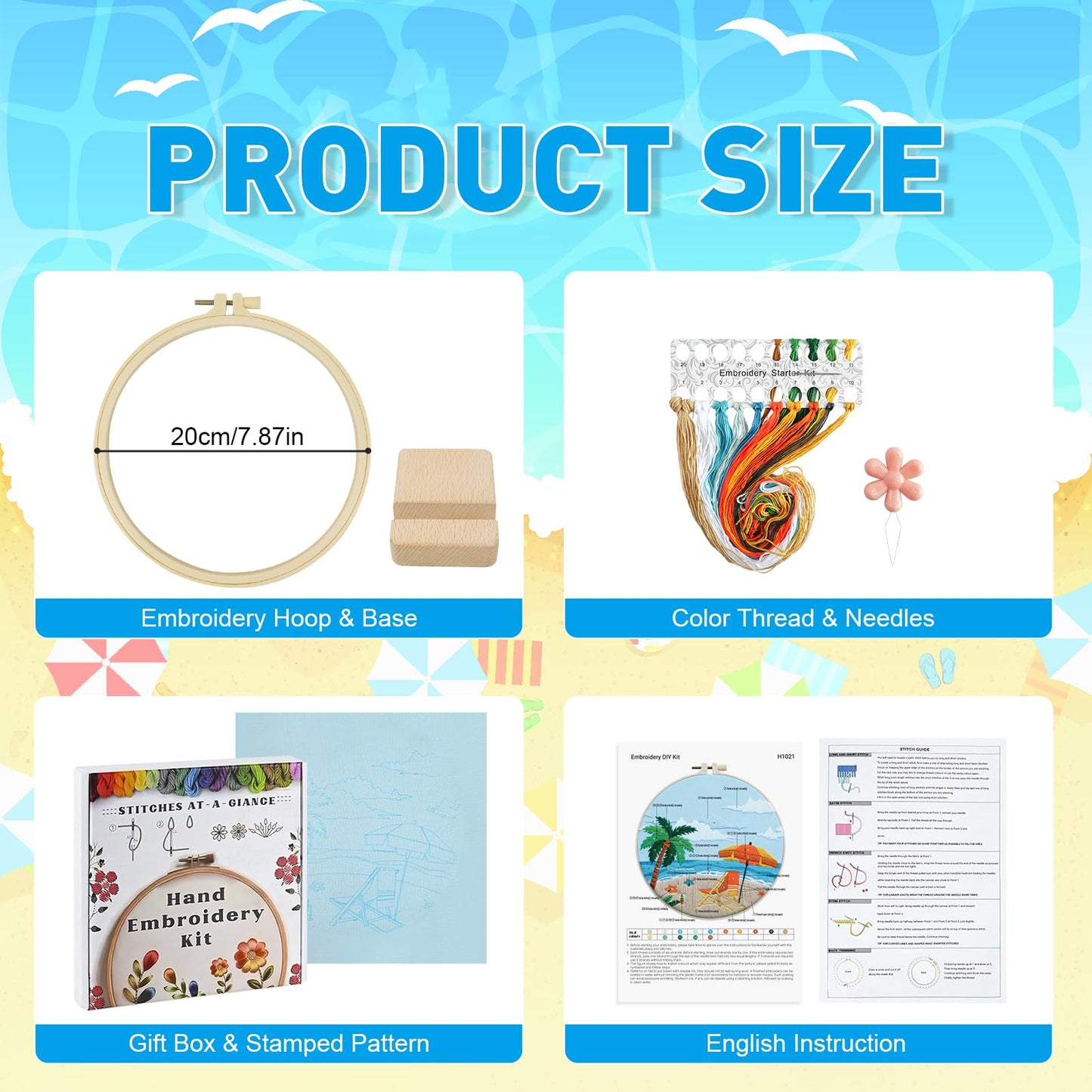 ElasignShopo Ocean Embroidery Kit for Beginners Adults, Easy Cross Stitch Kit Spring Summer Beach Ocean Pattern Embroidery Starter Kits with Wooden Hoop Needles Threads Display Stand and Instruction