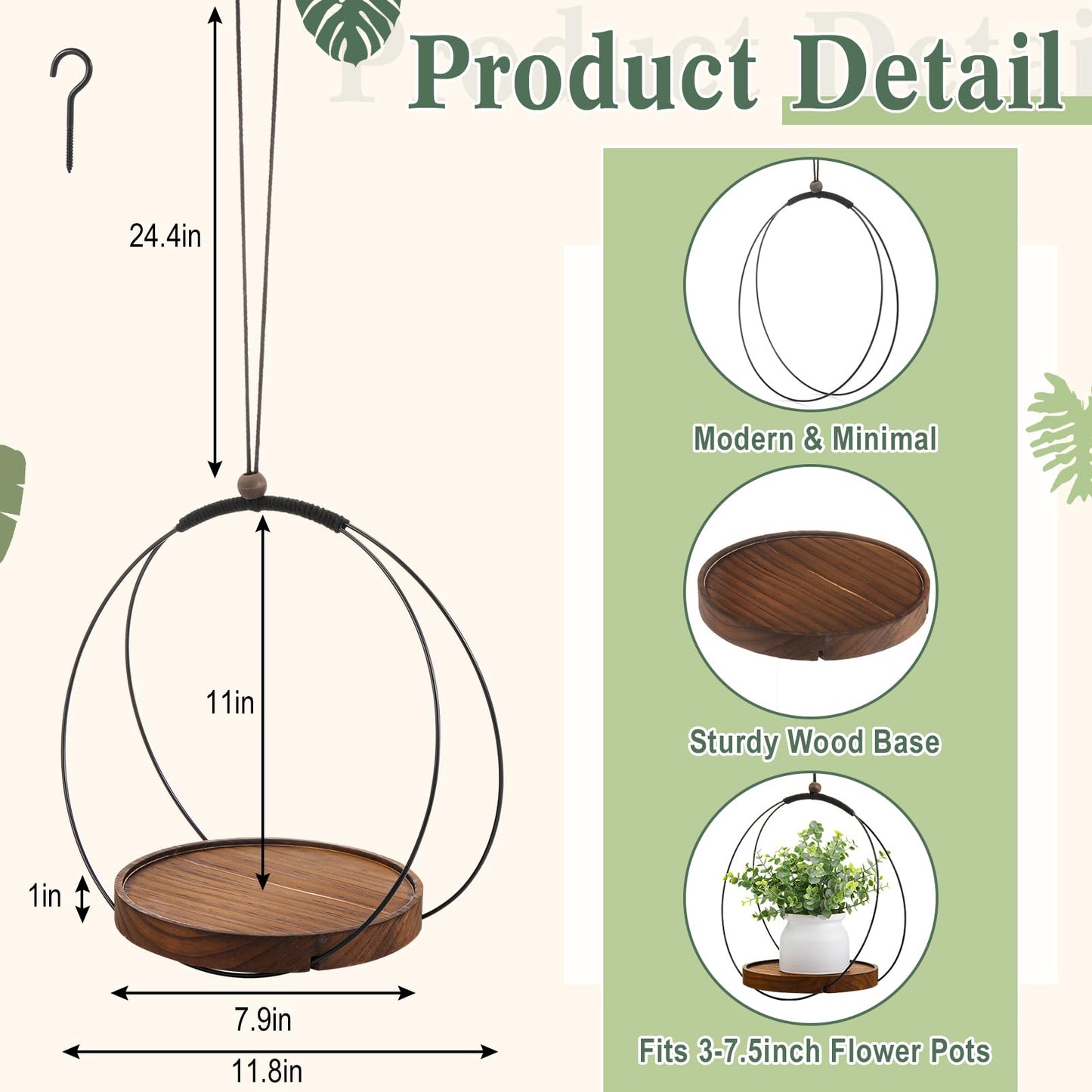 Threehoney 3 Pack Hanging Planters for Indoor Black Plant Hanger with Round Wood Base Large Indoor Hanging Plant Shelf Boho Holder Gift for Mom,housewarming (7.9 '')