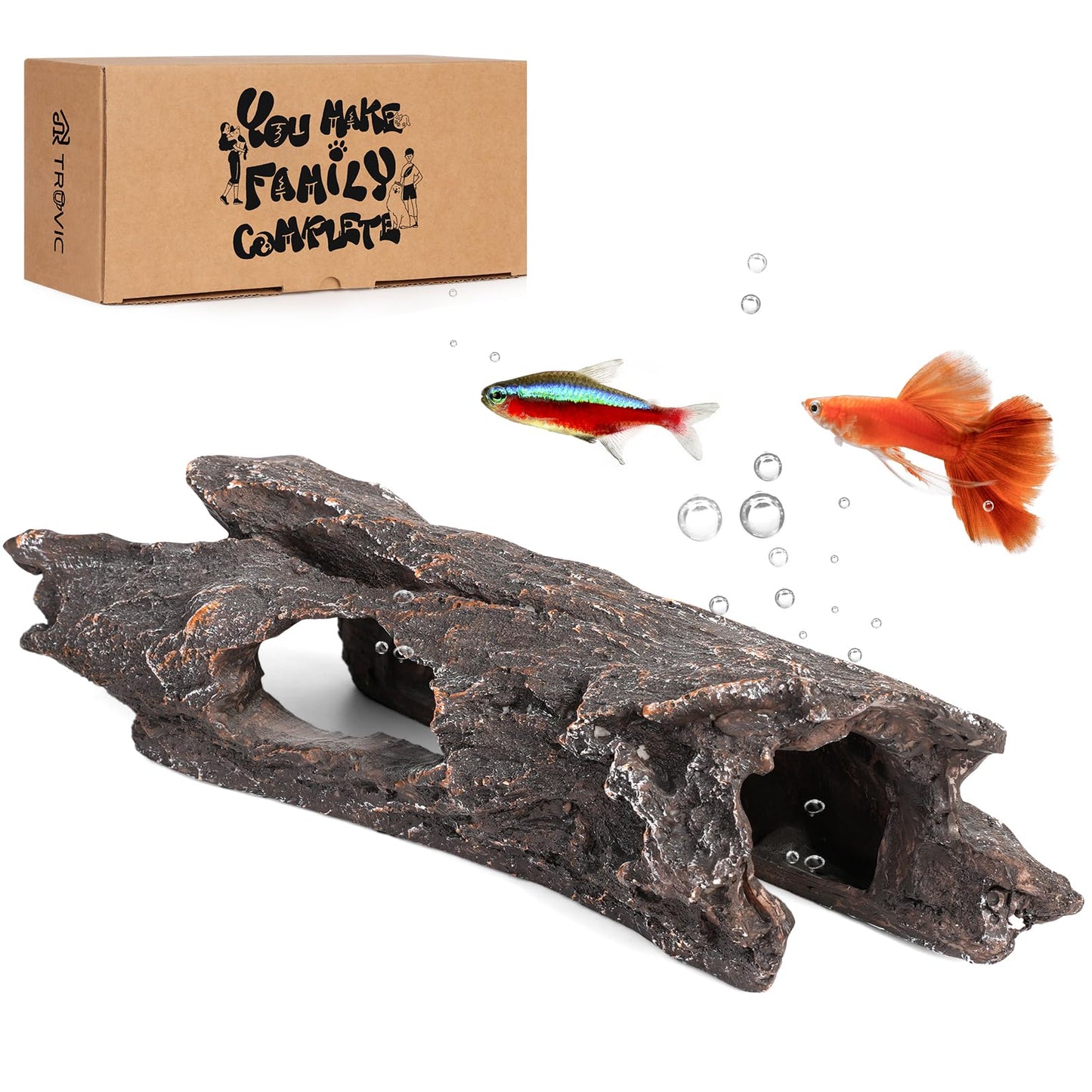 TRUVIC Fish Tank Decorations - Aquarium Cave Decor, Resin Hollow Tree Trunk Reptile Hide & Betta Log Hideout for 20 Gallon Tank, Fish Accessories Shelter Cave