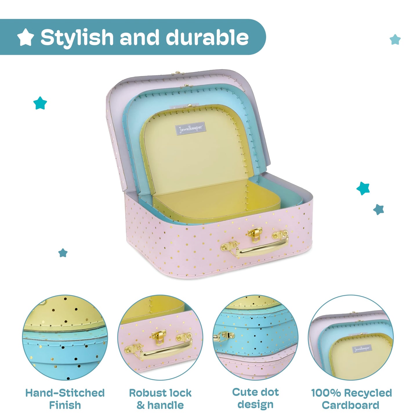 Jewelkeeper Decorative Storage Boxes Set of 3 - World Map Mini Suitcase Style Cardboard Suitcase with Brass Clasps and Handle - Ideal for Travel Decor, Event Props and Gift Presentation