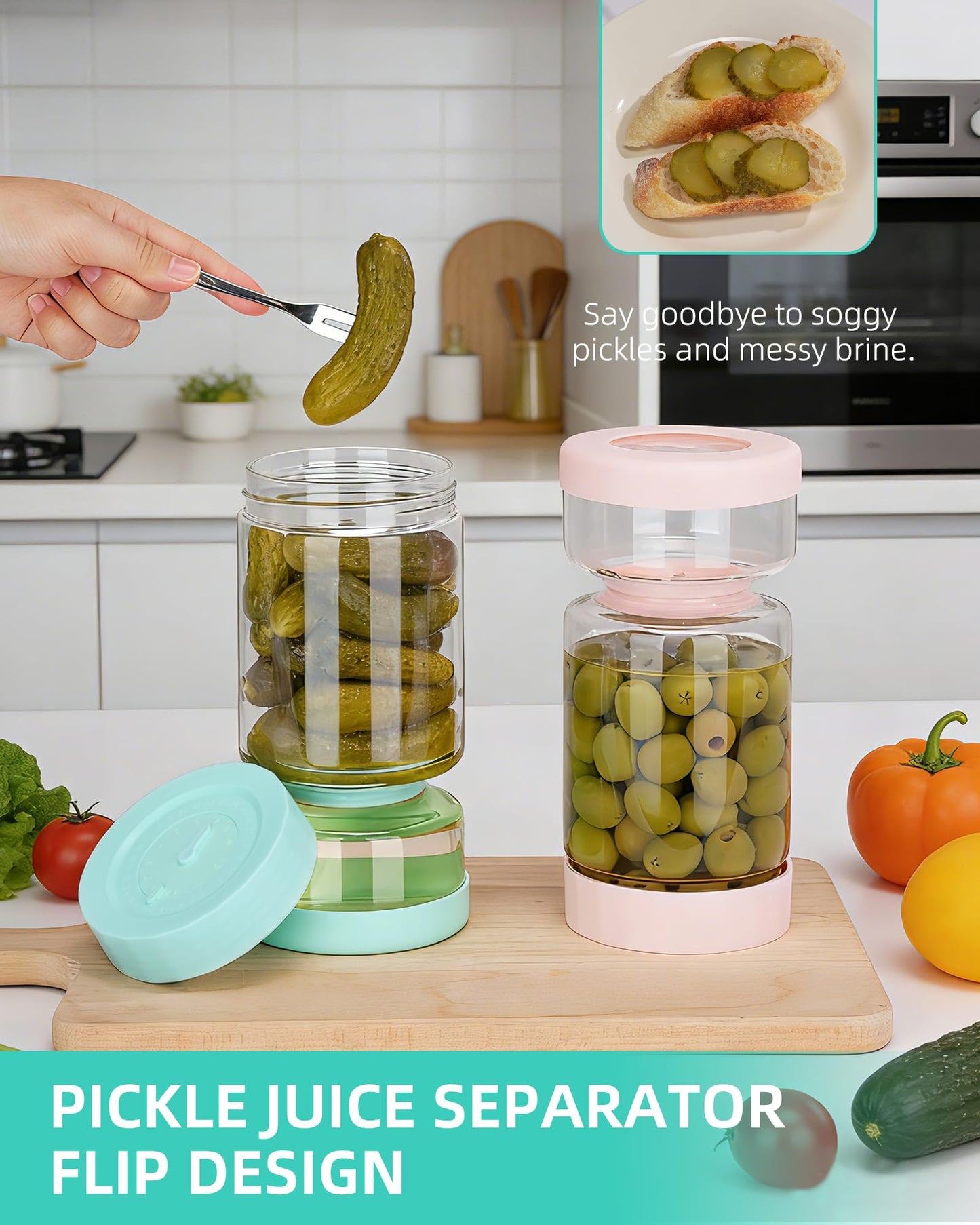 ZENS Pickle Jar with Strainer Flip, 37 oz Hourglass Pickle Juice Separator Container, Airtight Leakproof Lid, Dual Wet-Dry Design, Time Tracker Lid – 2 Pack Olive & Kimchi Jars