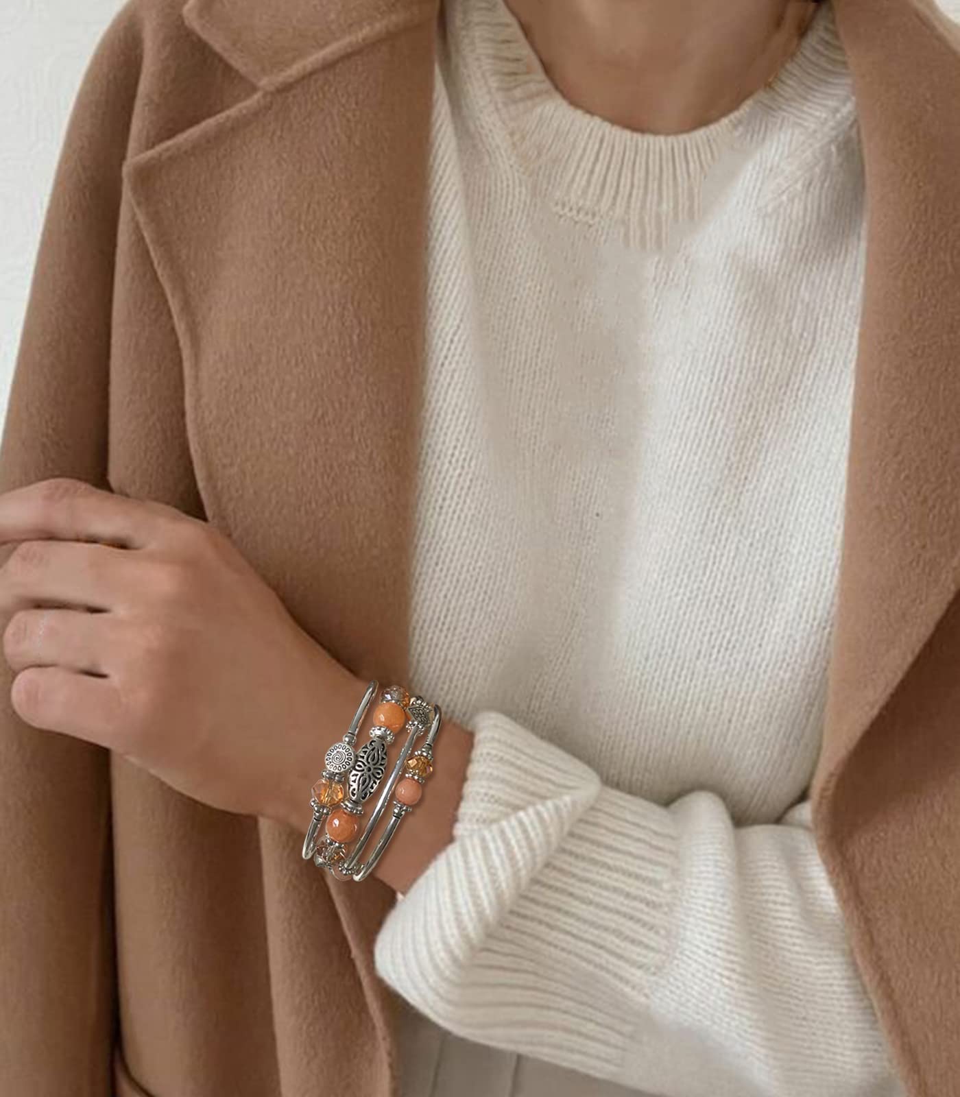 FULU AUTUMN Stackable Beaded Bracelets for Women Boho Wrap Silver Bracelet Layered Fashion Jewelry Gifts for Her(Orange)