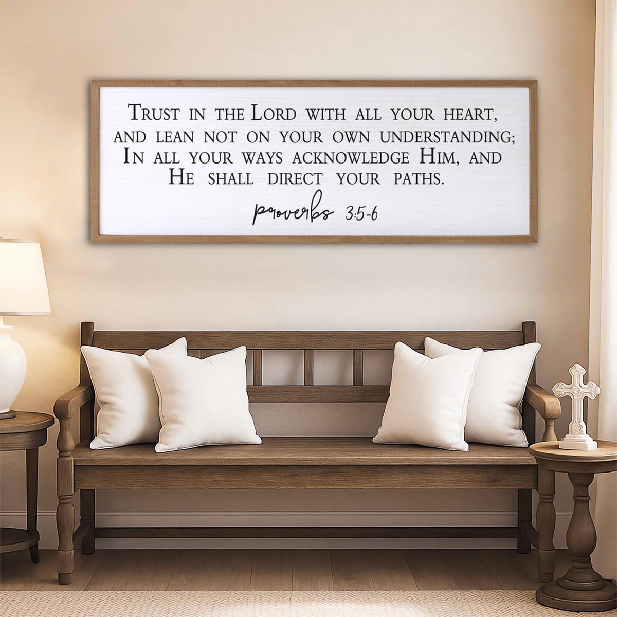 Trust in the Lord With All Thine Heart Wall Decor Art Bible Verse Sign Proverbs 3:5-6 Framed Wood 32X12 Inch For Scripture Christian Hanging (Wood)