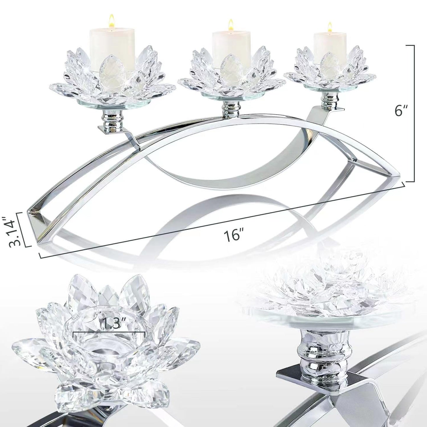 3 Arms Crystal Flower Candle Holder Bringing Tabletop tealight Holder for Party/Dining Room centerpieces (1, Silver)