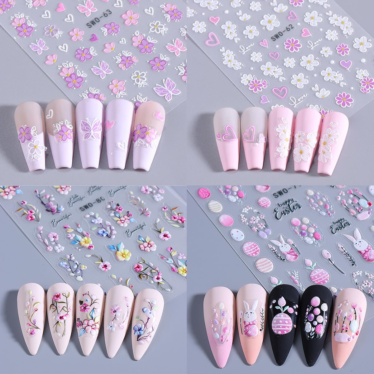 Easter Nail Stickers 6 Sheets - 5D Embossed Bunny, Eggs & Flowers Design, Self-Adhesive Nail Art Decals for Women DIY Manicure