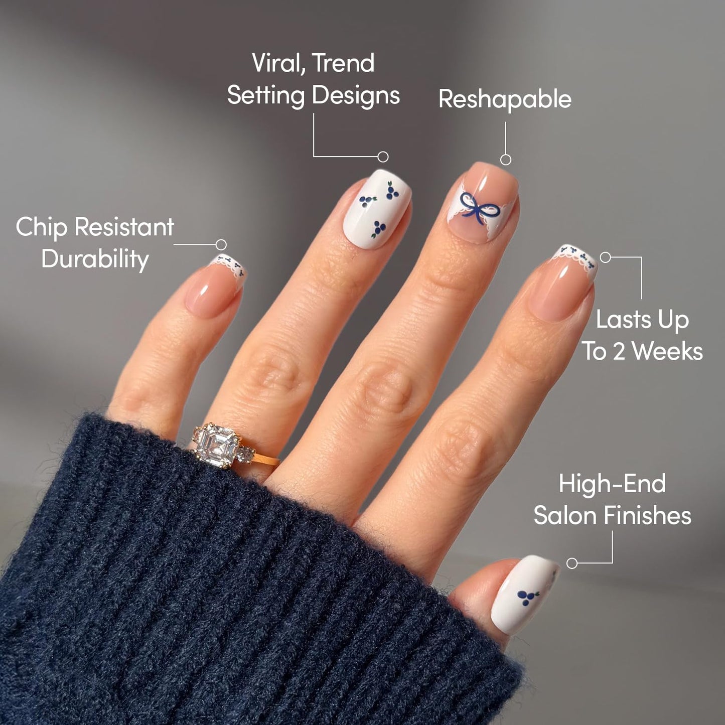 Glamnetic Press On Nails - Blue A Kiss | Short Squoval Fake Nails With Mixed Sheer & Solid Designs, Micro Blueberry and Scalloped Lace Accents | 15 Sizes - 30 Nail Kit with Glue