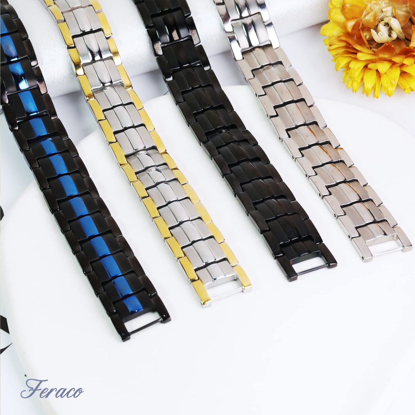 Feraco Magnetic Bracelet for Men Titanium Steel Bracelets with Double Row Magnets Adjustable (Silver)