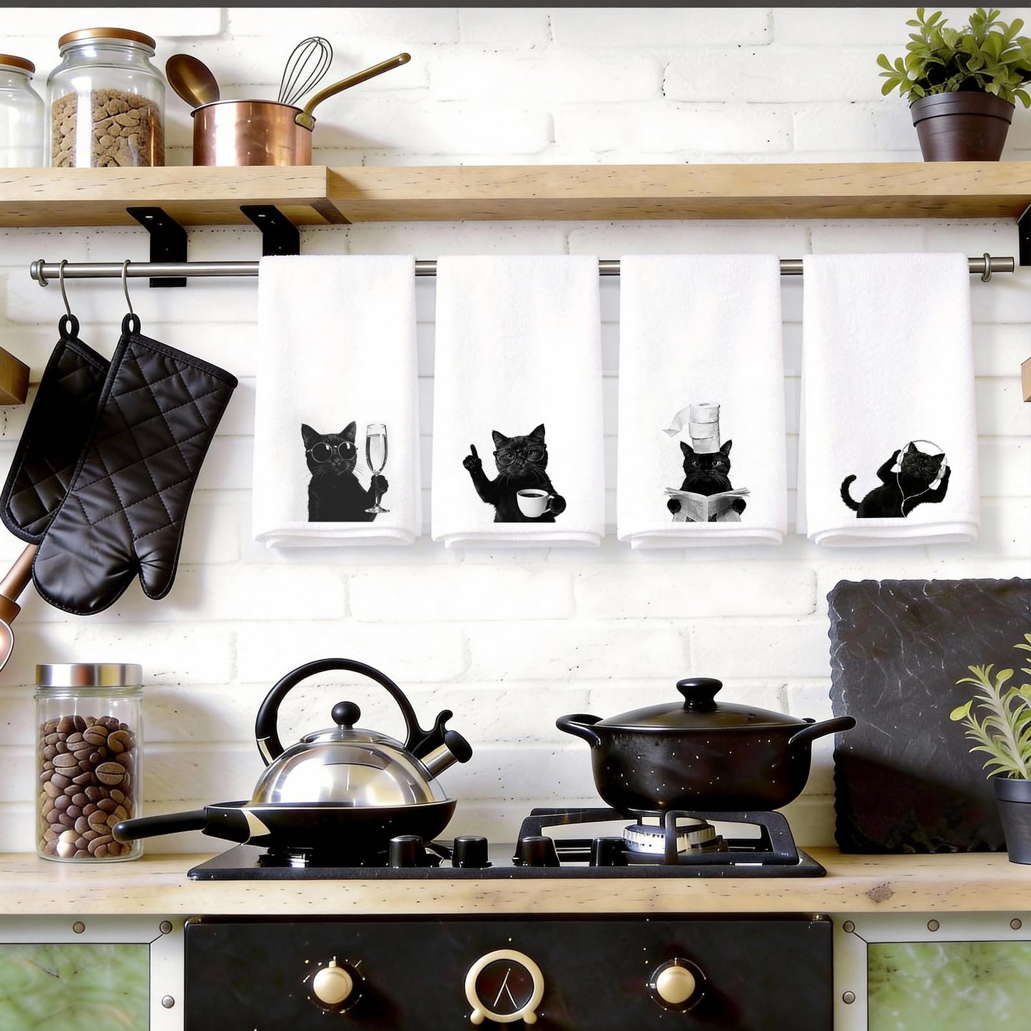 Fakindiy 4-Packs Funny Black Cat Kitchen Towels - 16x24 Inch Microfiber Dish Towels, Super Absorbent & Quick Drying Towels for Kitchen Coffee Bar,Gift for Cat Lovers Women Mom (Black Cat)